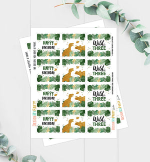 Wild and Three Cupcake Toppers Dinosaur Favor Tags Dino Third Birthday Party 3rd Decor T-Rex Boy Stickers Green Gold Download Printable 0146