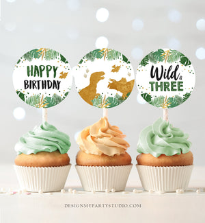 Wild and Three Cupcake Toppers Dinosaur Favor Tags Dino Third Birthday Party 3rd Decor T-Rex Boy Stickers Green Gold Download Printable 0146