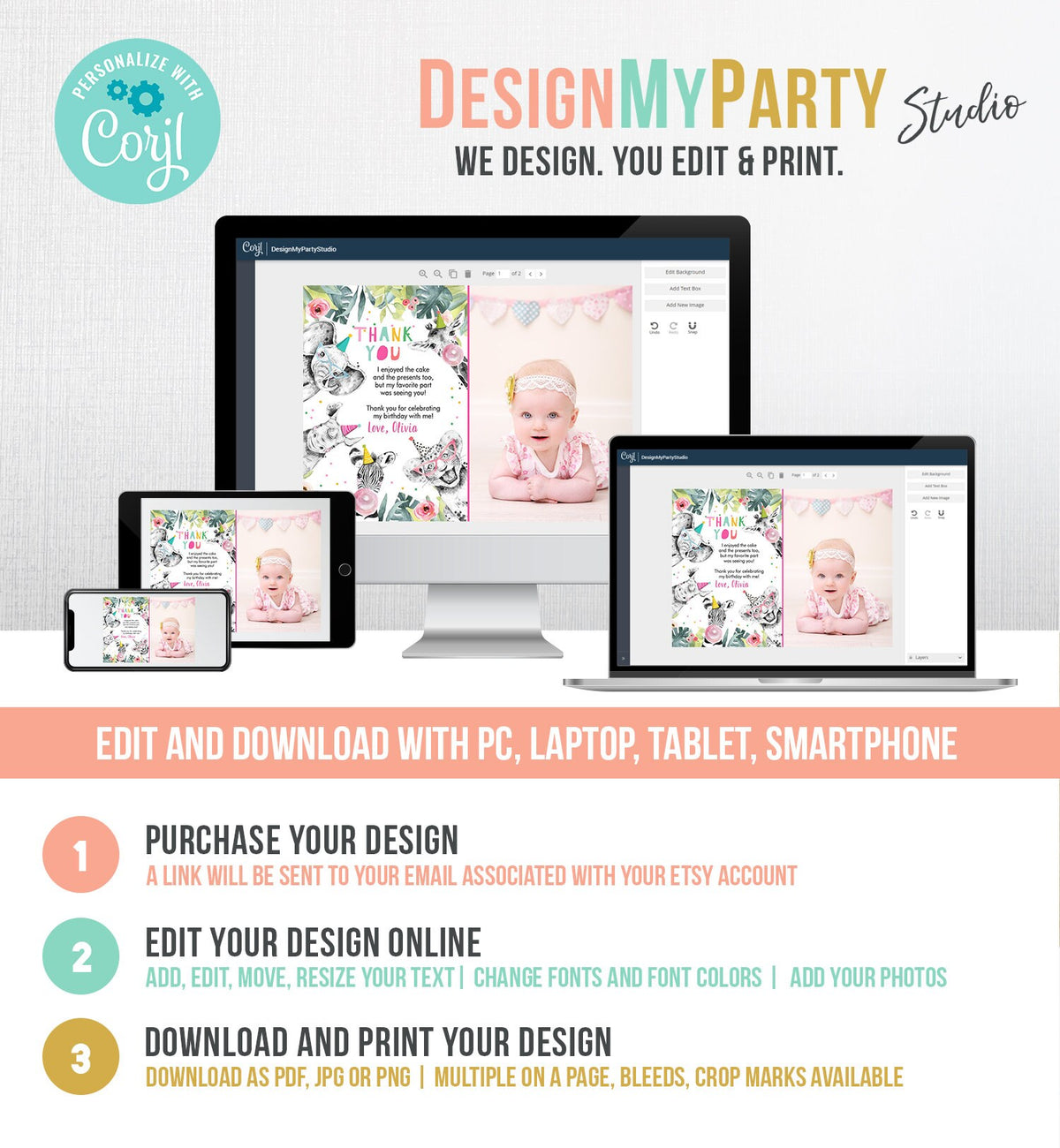 Editable Thank You Card Safari Animals Wild One Two Wild Thank You Note Girl Pink Gold Zoo Party Animals Digital Template Printable 0322