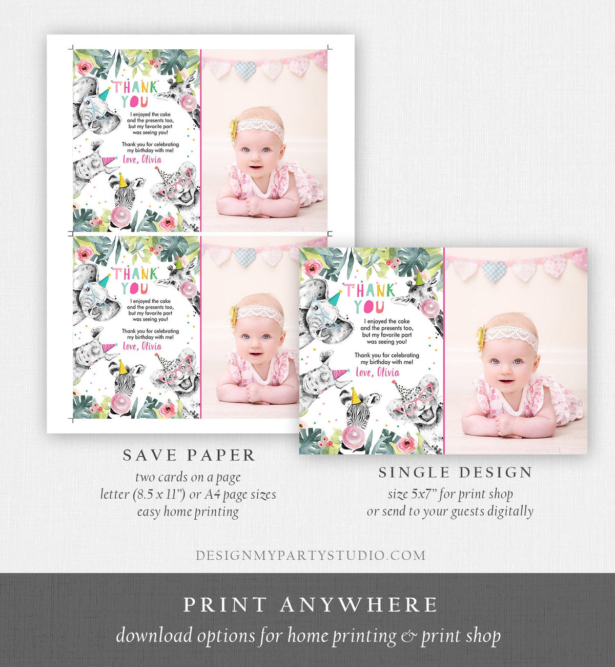 Editable Thank You Card Safari Animals Wild One Two Wild Thank You Note Girl Pink Gold Zoo Party Animals Digital Template Printable 0322