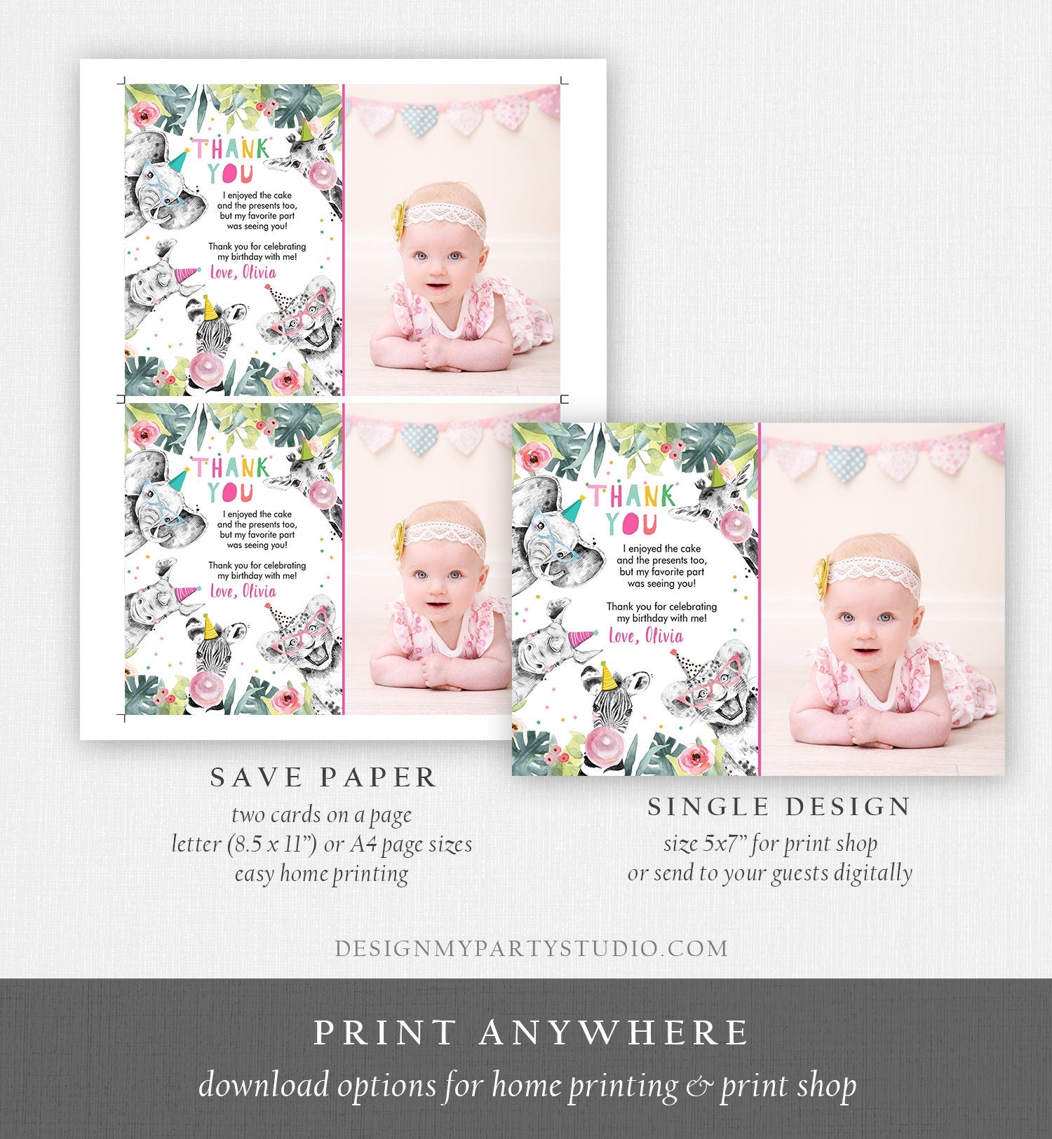 Editable Thank You Card Safari Animals Wild One Two Wild Thank You Note Girl Pink Gold Zoo Party Animals Digital Template Printable 0322