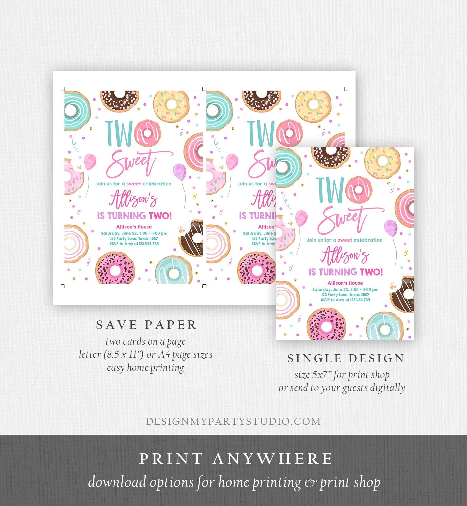 Editable Donut Two Sweet Birthday Invitation Second Birthday Party 2nd Pink Gold Girl Doughnut Pastel Download Corjl Template Printable 0343