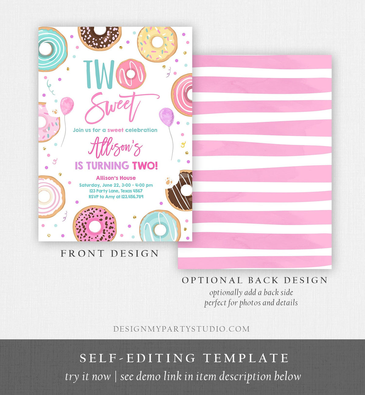 Editable Donut Two Sweet Birthday Invitation Second Birthday Party 2nd Pink Gold Girl Doughnut Pastel Download Corjl Template Printable 0343