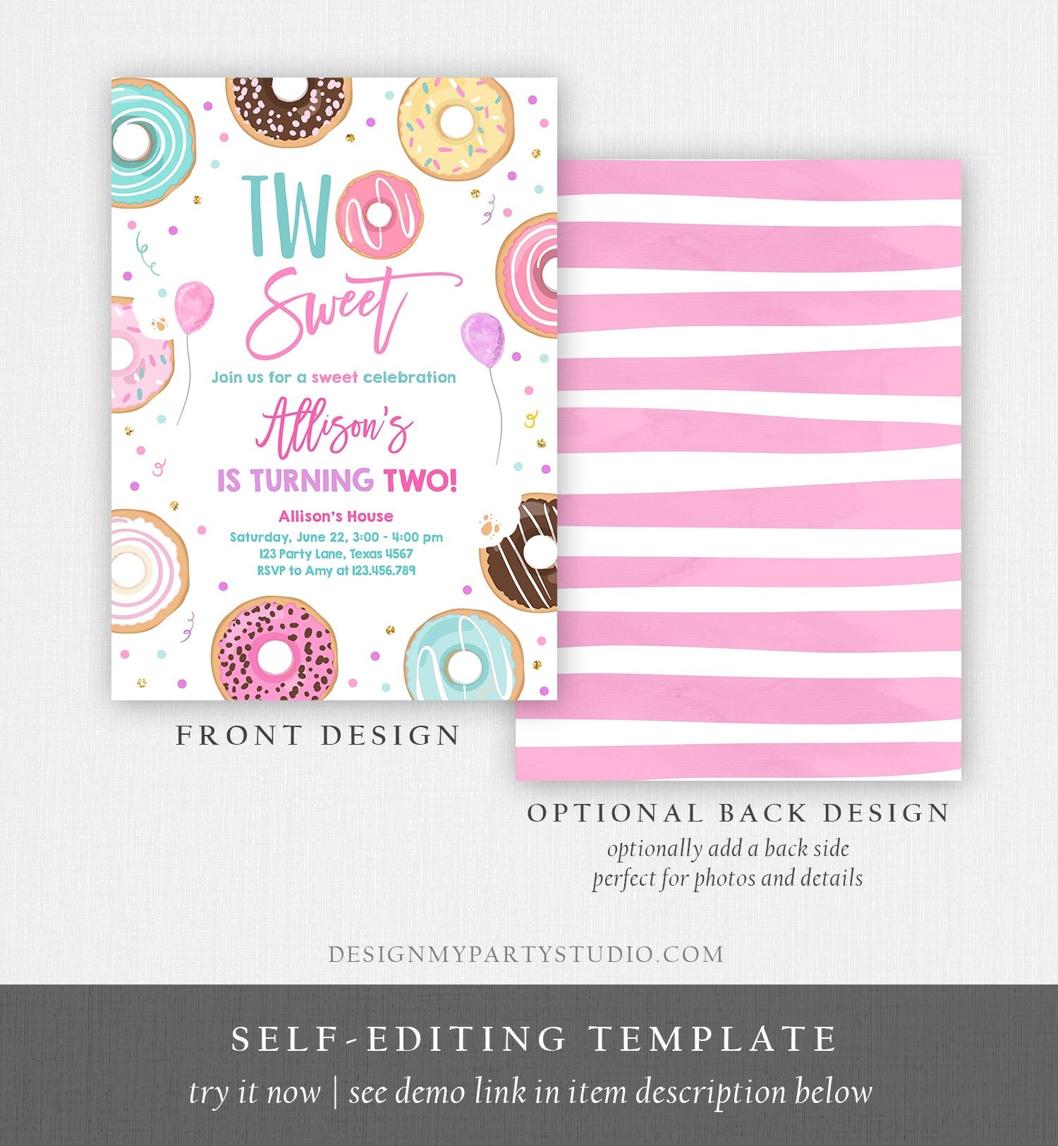 Editable Donut Two Sweet Birthday Invitation Second Birthday Party 2nd Pink Gold Girl Doughnut Pastel Download Corjl Template Printable 0343