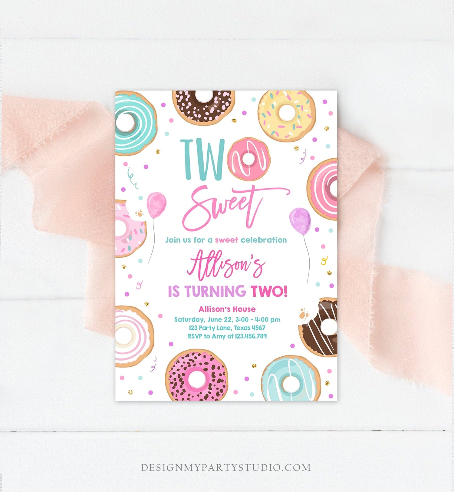 Editable Donut Two Sweet Birthday Invitation Second Birthday Party 2nd Pink Gold Girl Doughnut Pastel Download Corjl Template Printable 0343