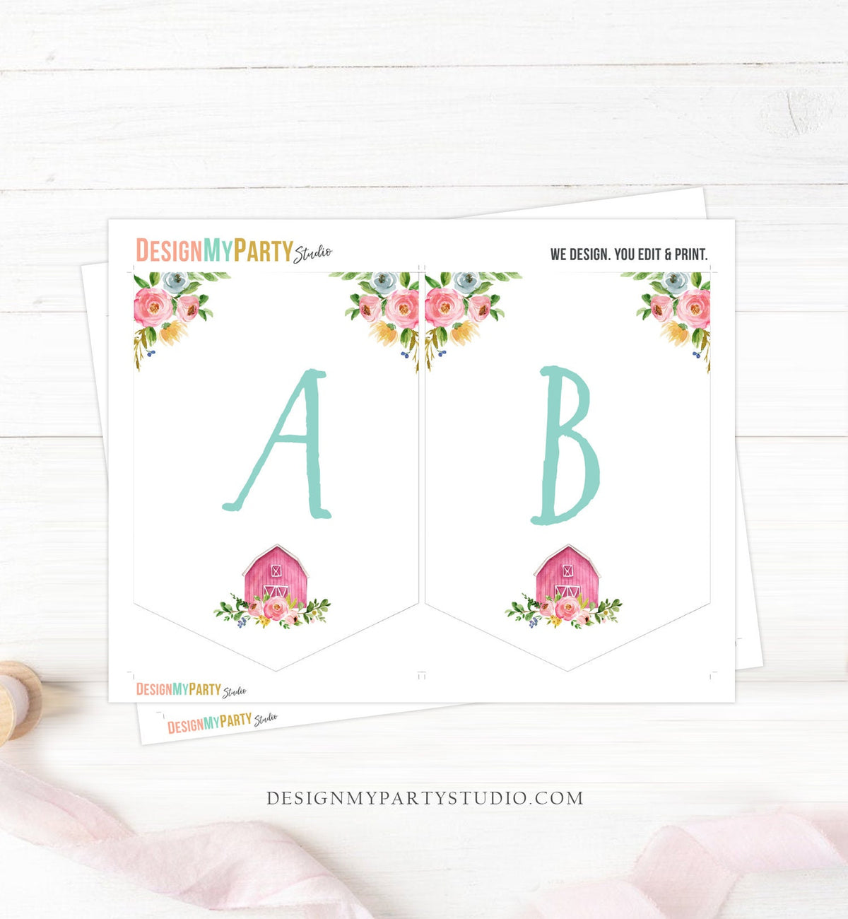 Farm Animals Birthday Banner A-Z Alphabet Numbers Banner Happy Birthday Girl Pink Teal Barnyard Country Barn Decor Download Printable 0155