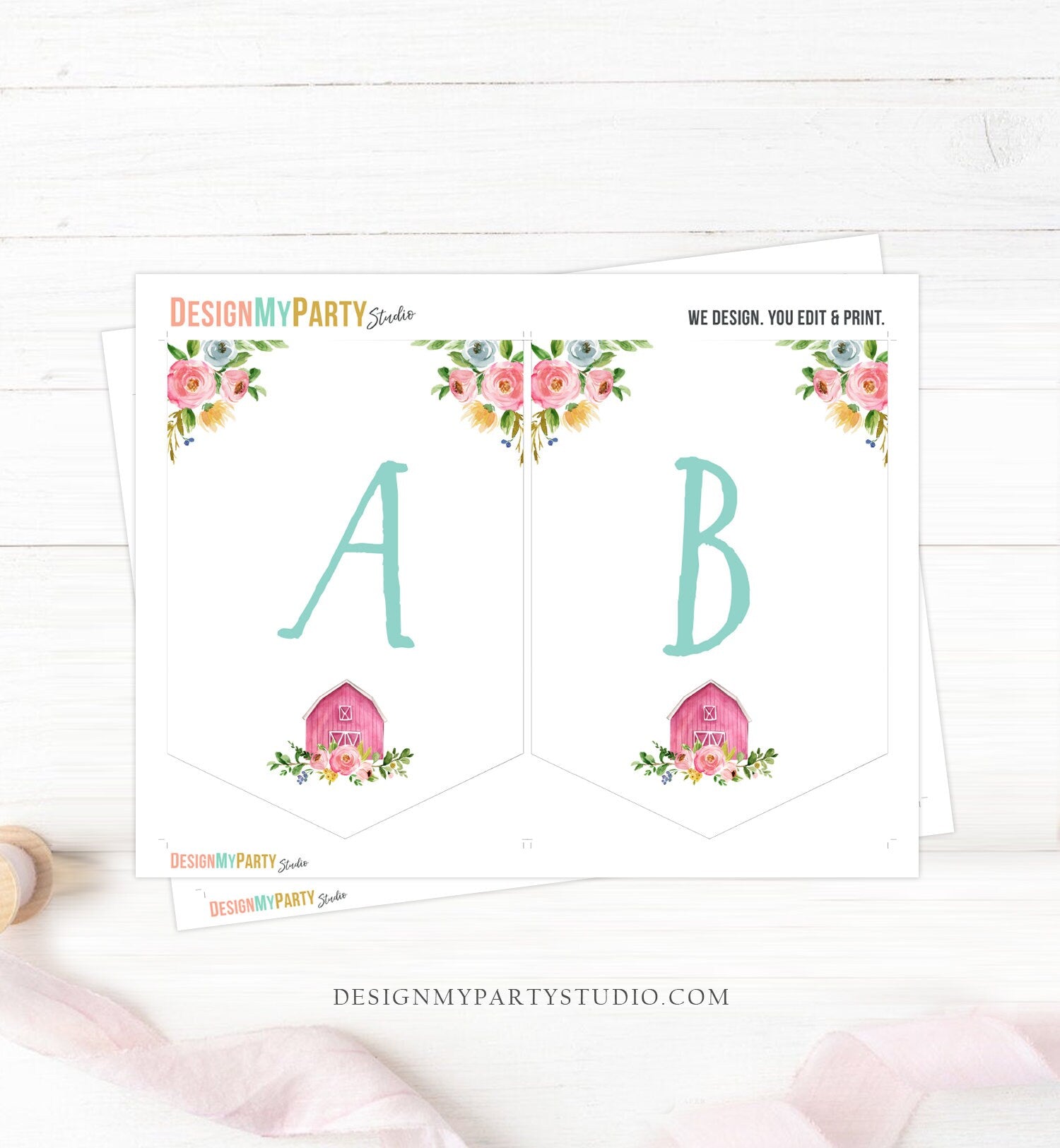Farm Animals Birthday Banner A-Z Alphabet Numbers Banner Happy Birthday Girl Pink Teal Barnyard Country Barn Decor Download Printable 0155