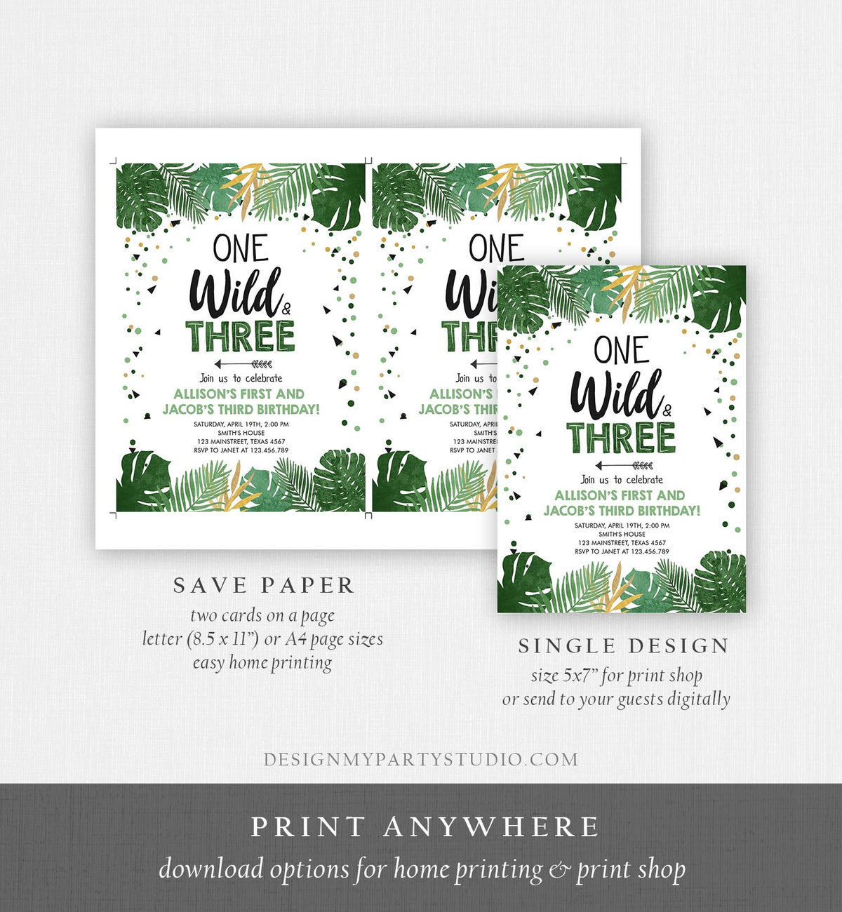 Editable One Wild and Three Birthday Invitation Safari Tropical Party 1st 3rd First Third Birthday Coed Joined Boy Gold Corjl Template 0332
