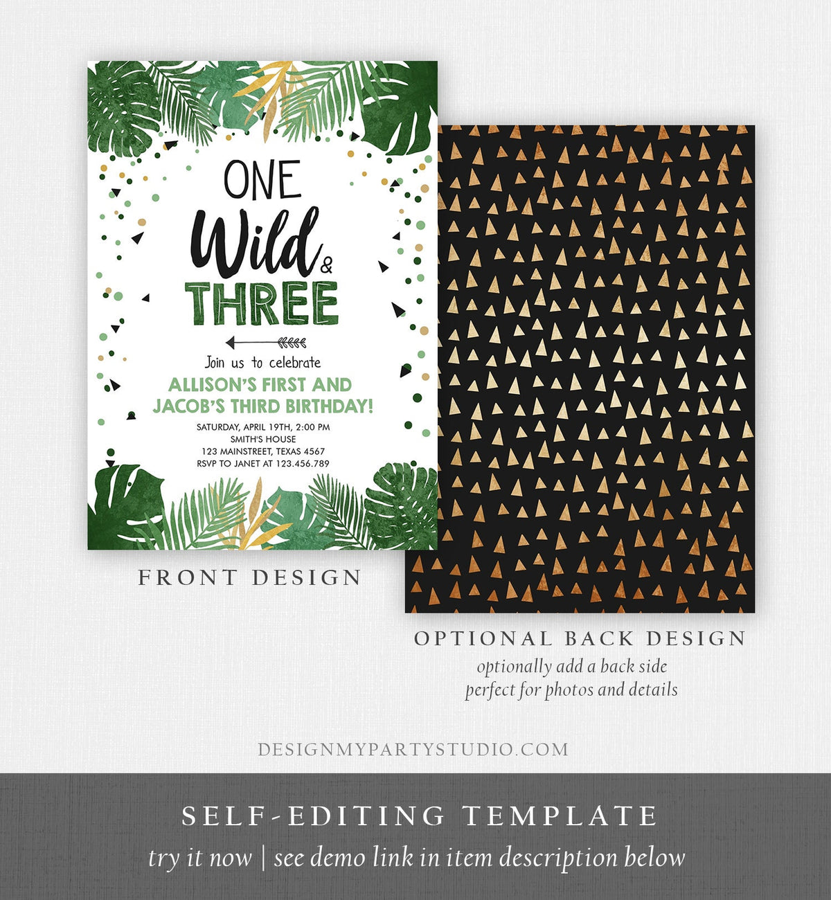 Editable One Wild and Three Birthday Invitation Safari Tropical Party 1st 3rd First Third Birthday Coed Joined Boy Gold Corjl Template 0332