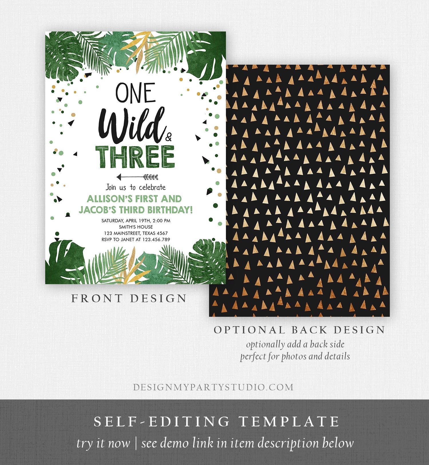 Editable One Wild and Three Birthday Invitation Safari Tropical Party 1st 3rd First Third Birthday Coed Joined Boy Gold Corjl Template 0332