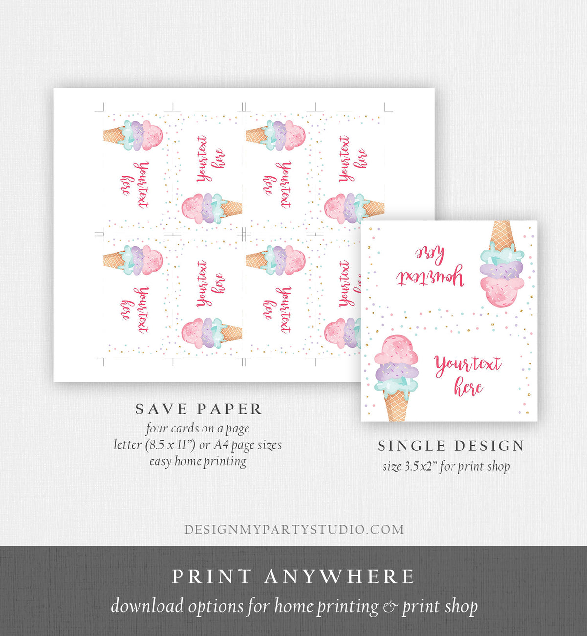 Editable Ice Cream Food Label Ice Cream Birthday Food Cards Tent Card Girl Pink Gold the Scoop Buffet Label Tent Card Template Corjl 0243