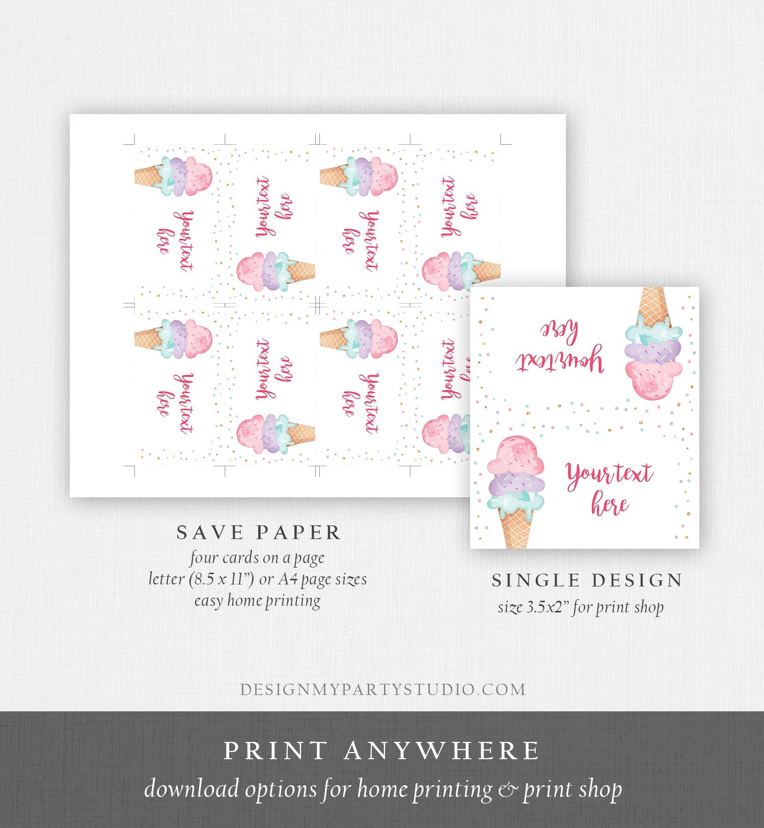 Editable Ice Cream Food Label Ice Cream Birthday Food Cards Tent Card Girl Pink Gold the Scoop Buffet Label Tent Card Template Corjl 0243