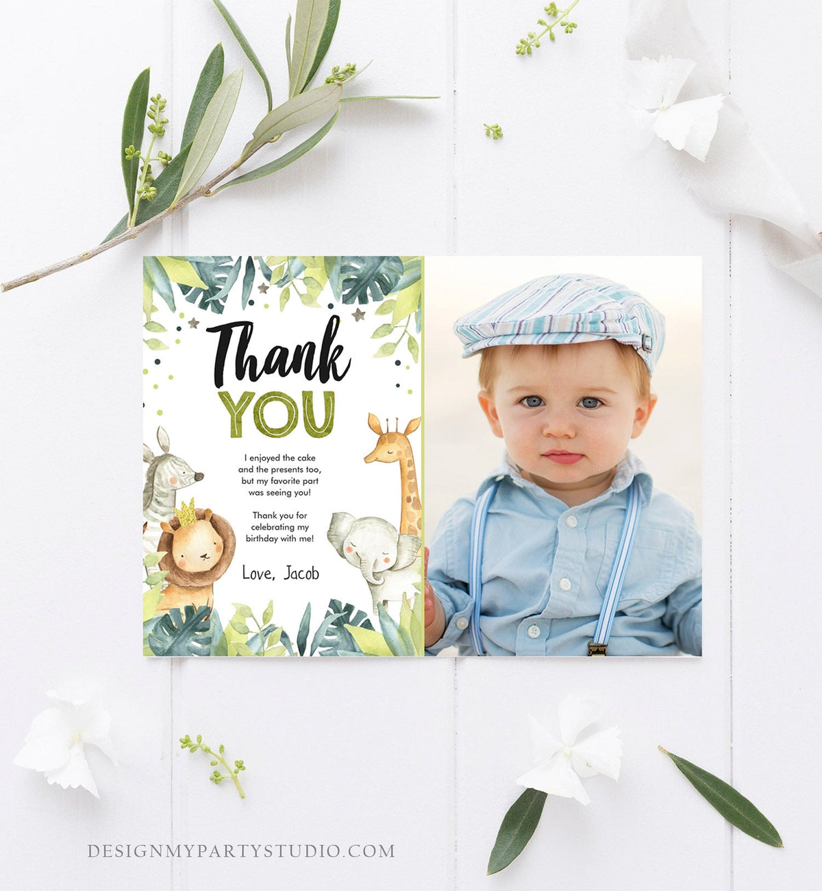 Editable Thank You Card Safari Animals Wild One Two Wild Thank You Note Boy Green Gold Jungle Zoo Party Animals Corjl Template Digital 0163