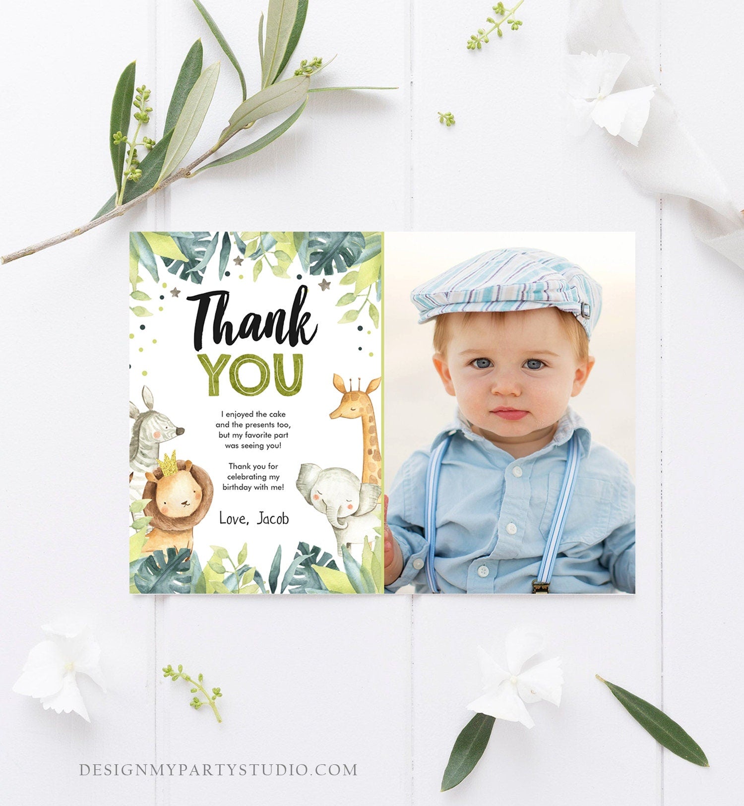 Editable Thank You Card Safari Animals Wild One Two Wild Thank You Note Boy Green Gold Jungle Zoo Party Animals Corjl Template Digital 0163
