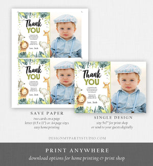 Editable Thank You Card Safari Animals Wild One Two Wild Thank You Note Boy Green Gold Jungle Zoo Party Animals Corjl Template Digital 0163