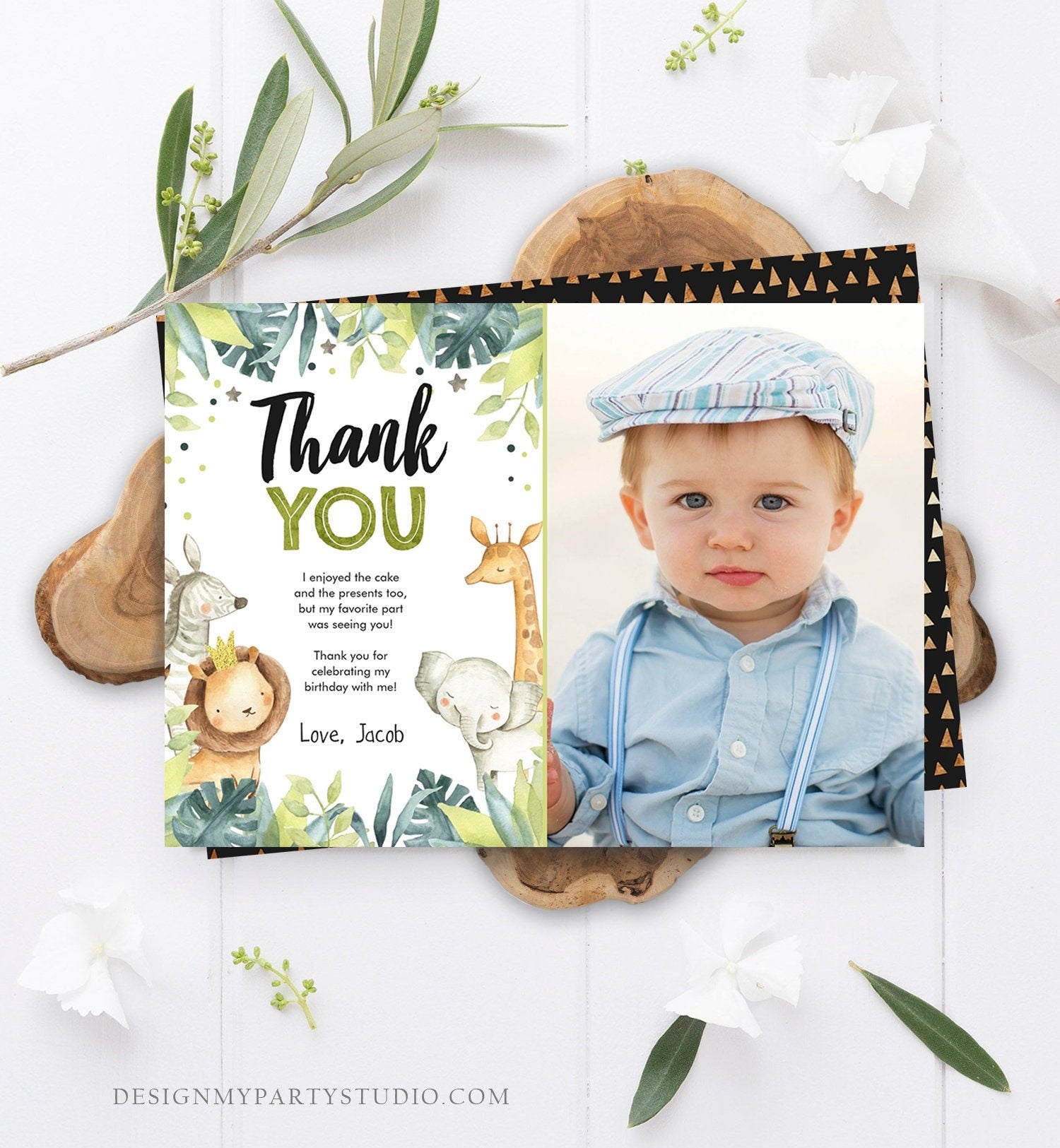Editable Thank You Card Safari Animals Wild One Two Wild Thank You Note Boy Green Gold Jungle Zoo Party Animals Corjl Template Digital 0163