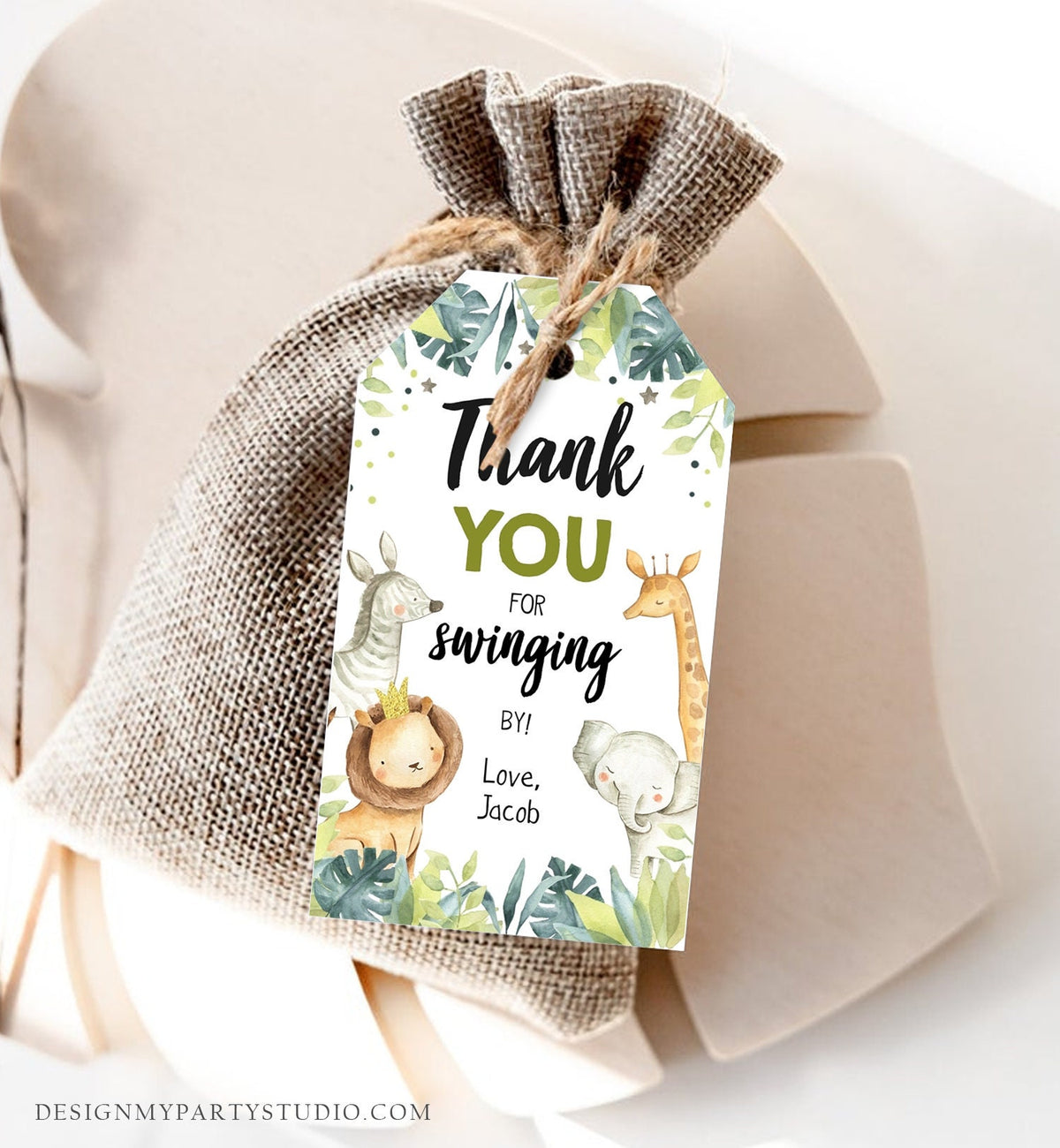 Editable Safari Animals Favor Tag Wild One Birthday Thank You Zoo Jungle Boy Gold Green Swinging By Digital Template Printable 0163