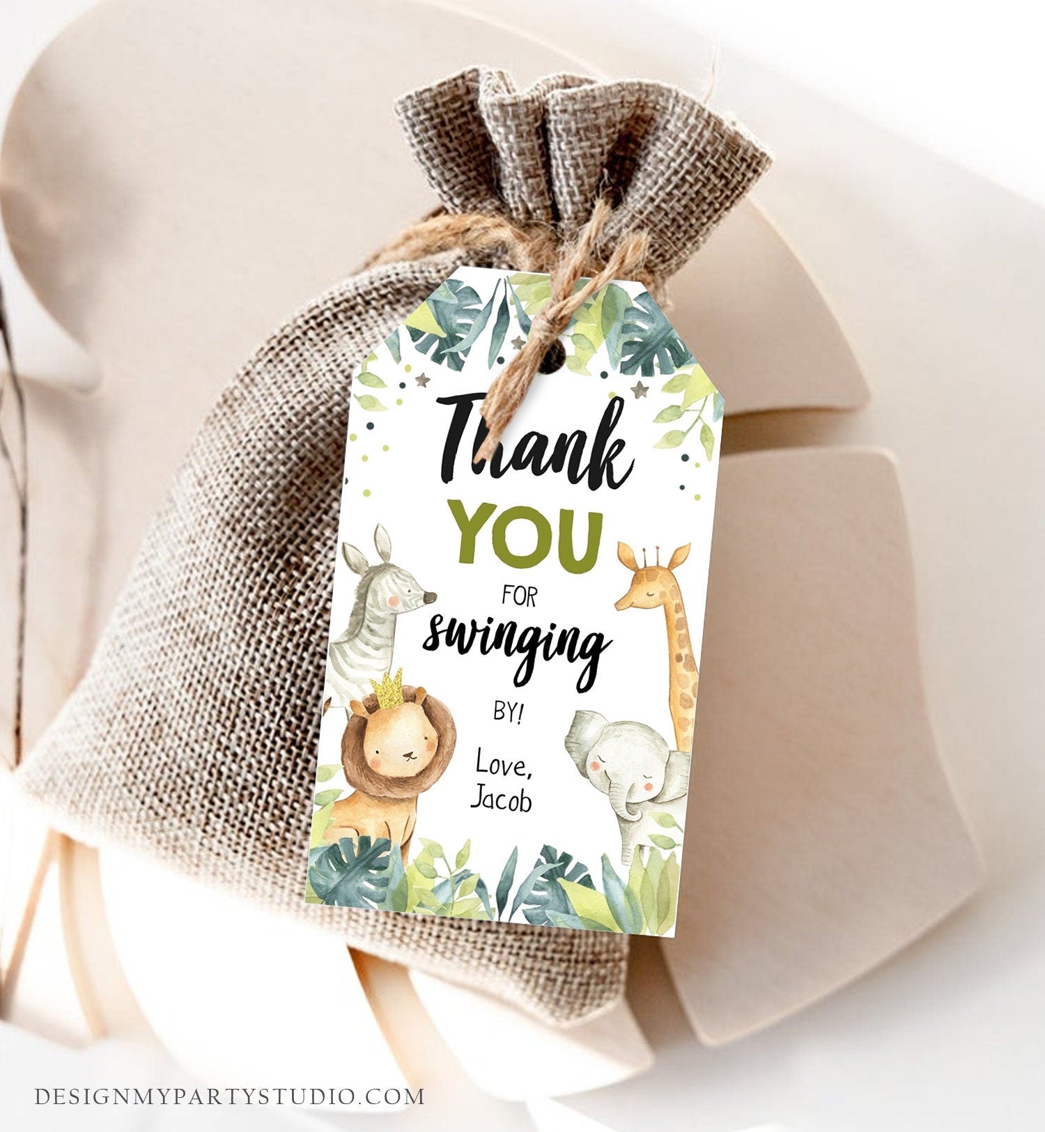 Editable Safari Animals Favor Tag Wild One Birthday Thank You Zoo Jungle Boy Gold Green Swinging By Digital Template Printable 0163