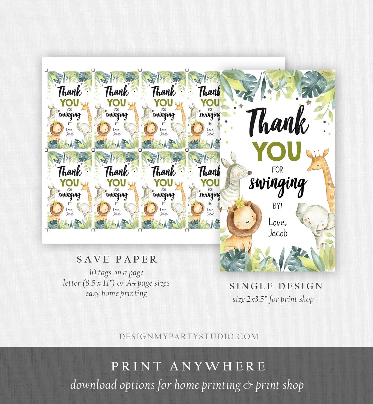 Editable Safari Animals Favor Tag Wild One Birthday Thank You Zoo Jungle Boy Gold Green Swinging By Digital Template Printable 0163
