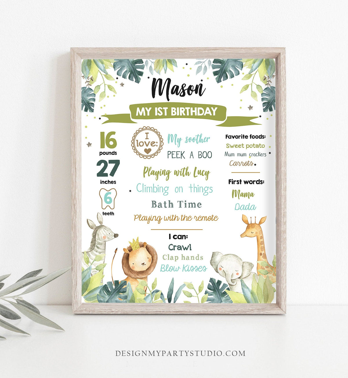 Editable Safari Animals Birthday Milestones Sign Green and Gold Boy Birthday Zoo Jungle 1st Birthday Download Template Printable Corjl 0163