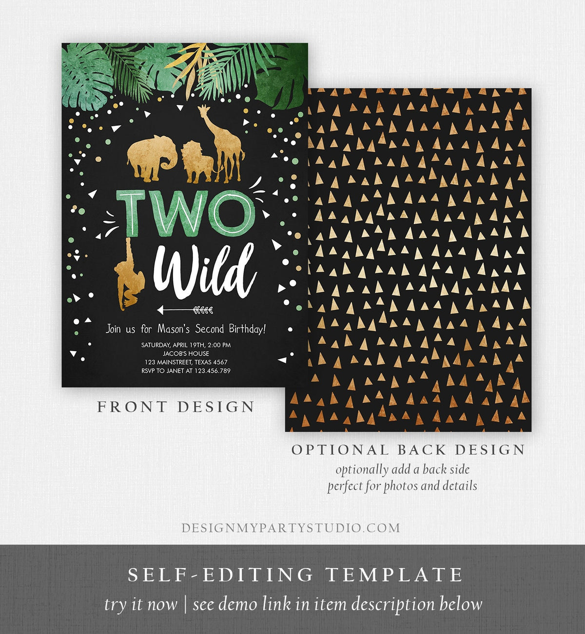 Editable Two Wild Birthday Invitation Safari Animals Wild Animals Black Gold Second Birthday 2nd Digital Download Template Printable 0016