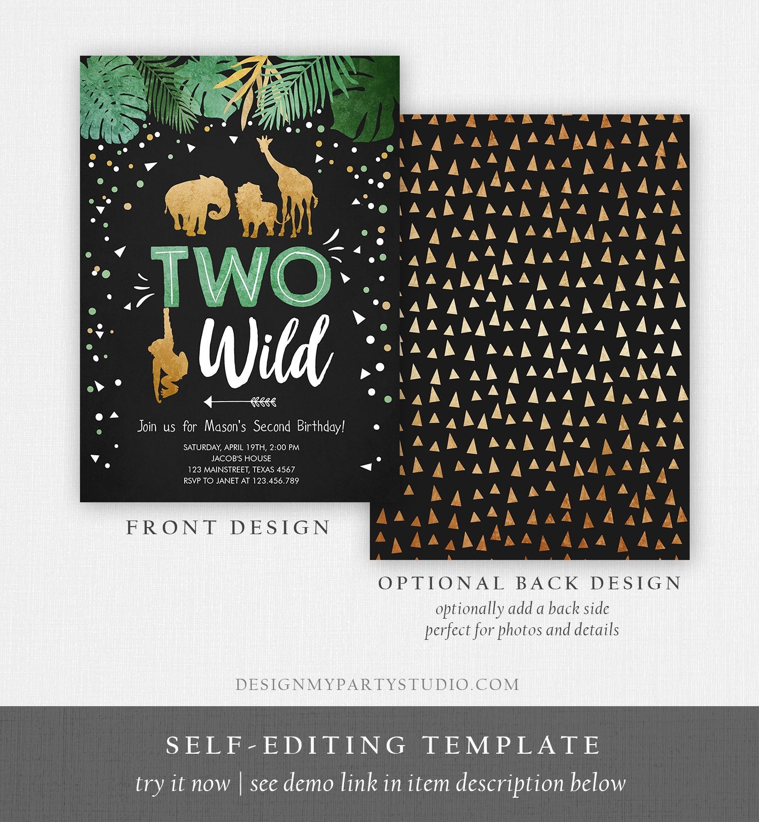 Editable Two Wild Birthday Invitation Safari Animals Wild Animals Black Gold Second Birthday 2nd Digital Download Template Printable 0016