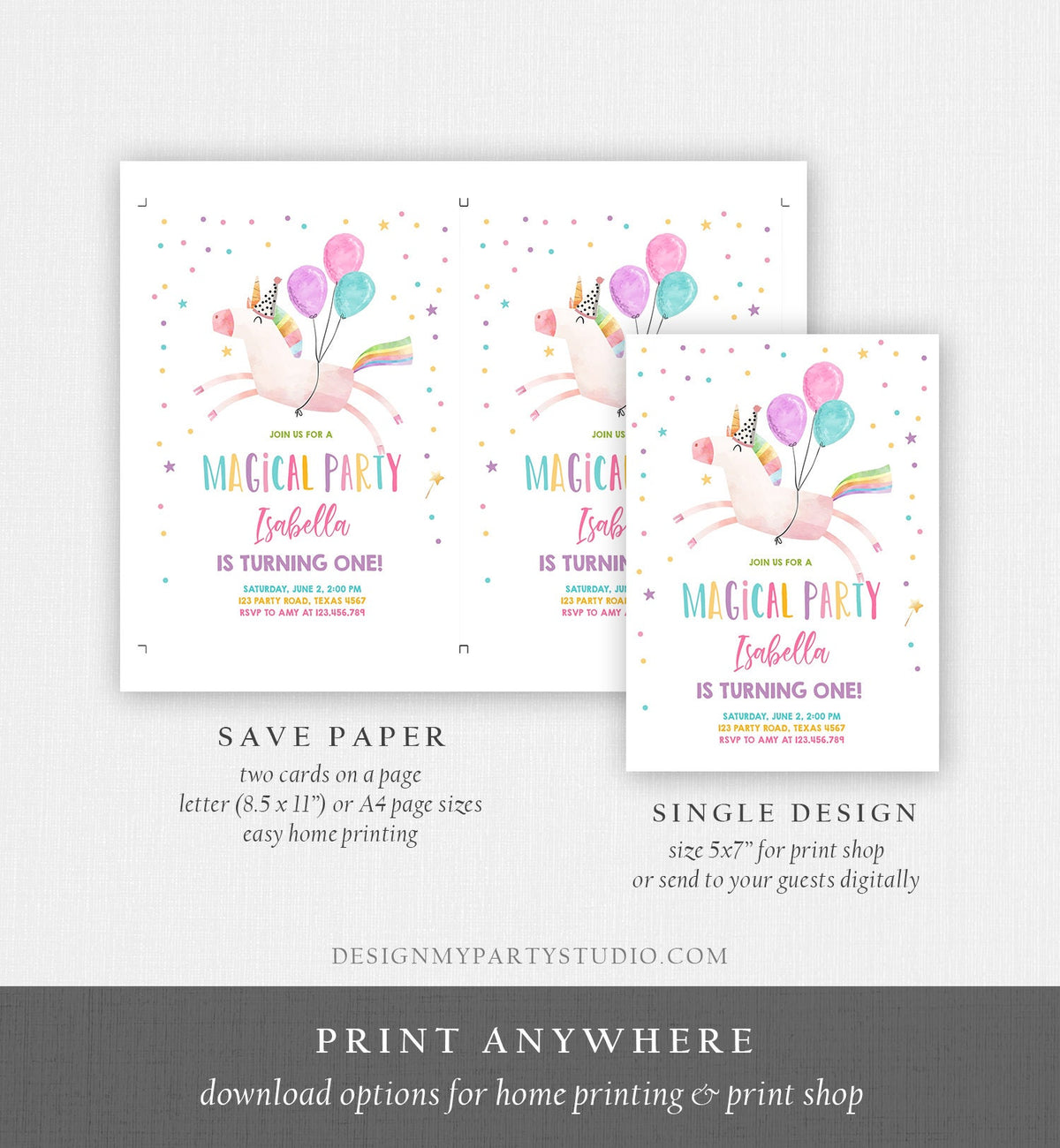 Editable Unicorn Birthday Invitation Magical Party Invite Girl Pink First Birthday Digital Invite Template Rainbow Download Corjl 0336