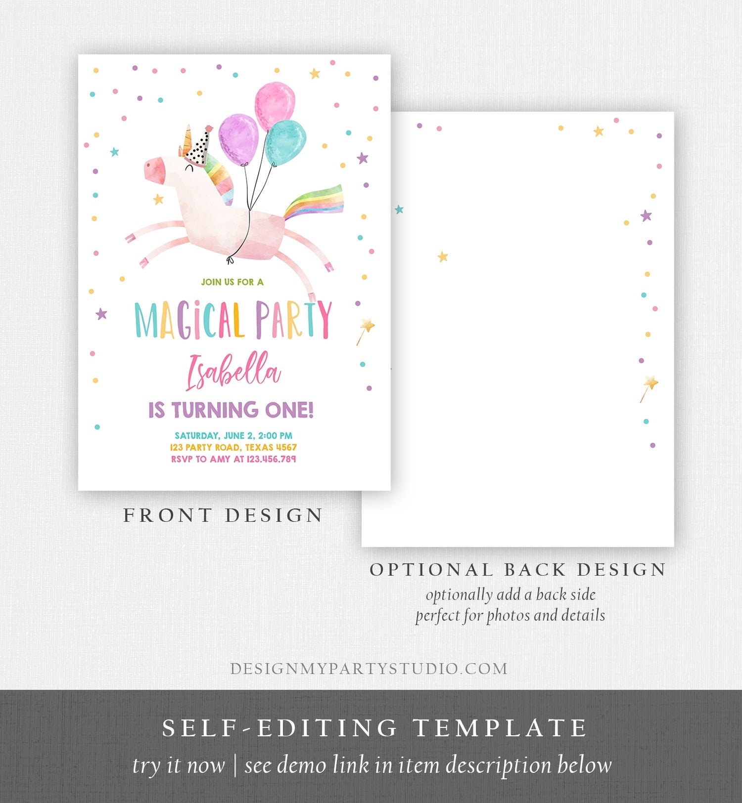 Editable Unicorn Birthday Invitation Magical Party Invite Girl Pink First Birthday Digital Invite Template Rainbow Download Corjl 0336