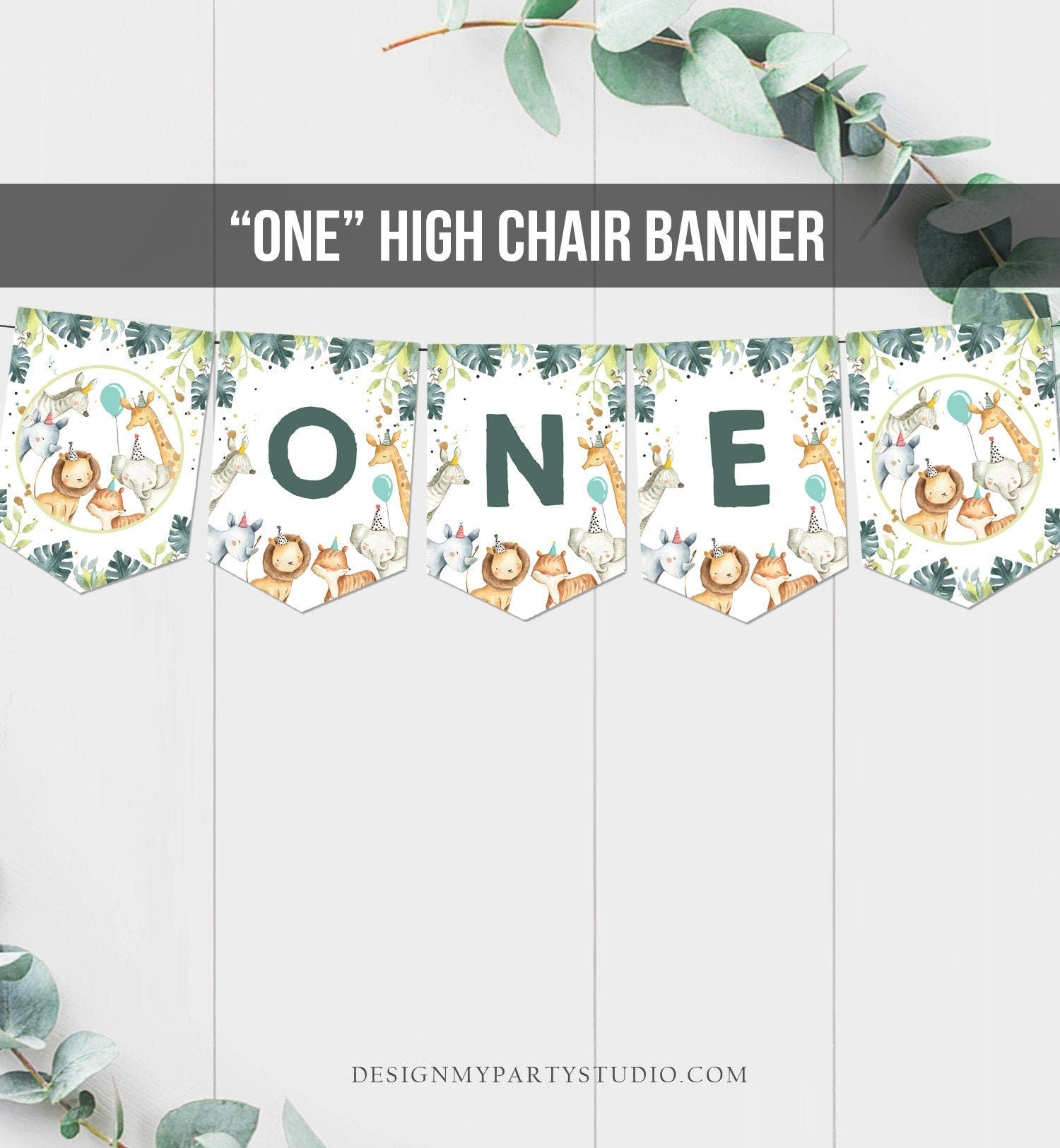 Safari Animals High Chair Banner First Birthday Boy Zoo Animals ONE Banner Party Animals Jungle Wild One Party Decor PRINTABLE Digital 0163