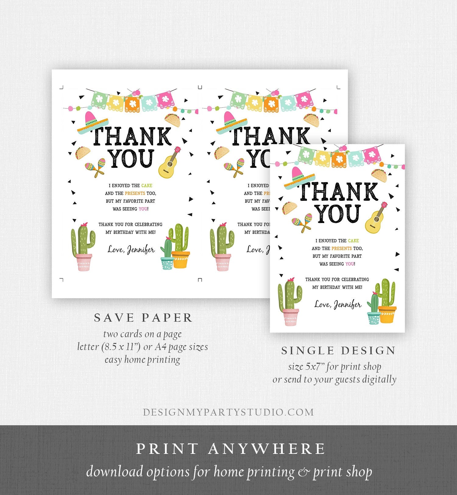 Editable Taco Fiesta Thank You Card Birthday Party Baby Bridal Shower Cactus Succulent Mexican Green Pink Digital Template Printable 0161