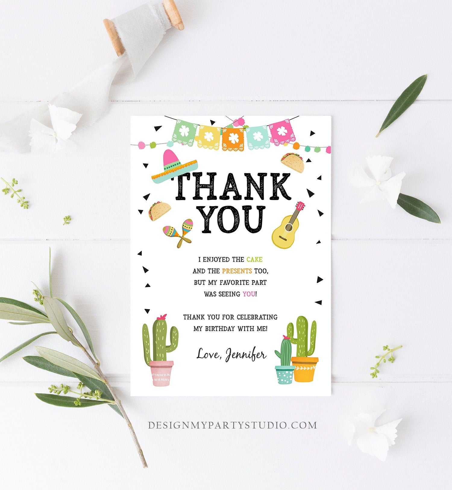 Editable Taco Fiesta Thank You Card Birthday Party Baby Bridal Shower Cactus Succulent Mexican Green Pink Digital Template Printable 0161