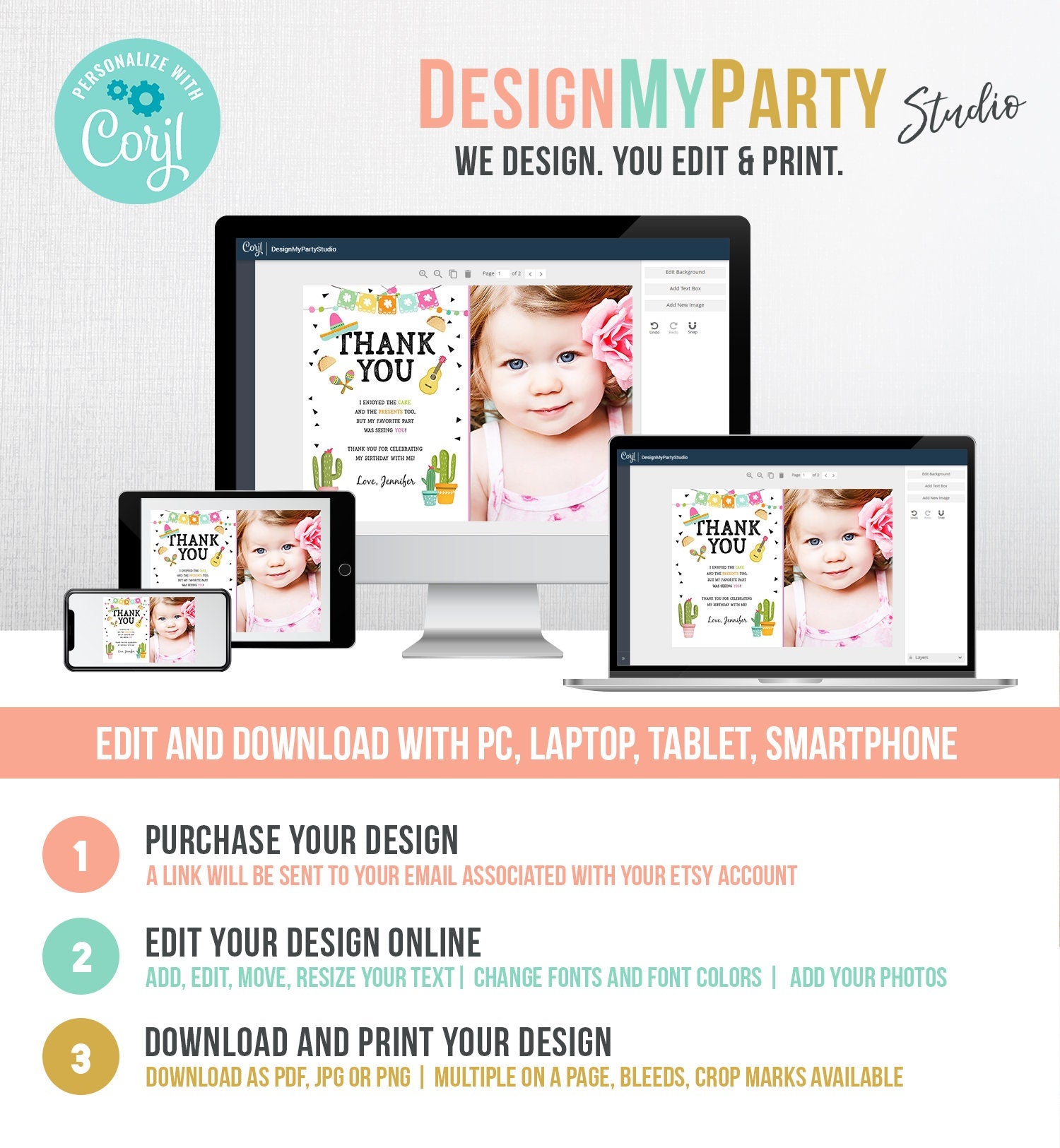 Editable Taco Fiesta Thank You Card Birthday Party Baby Bridal Shower Cactus Succulent Mexican Green Girl Digital Template Printable 0161