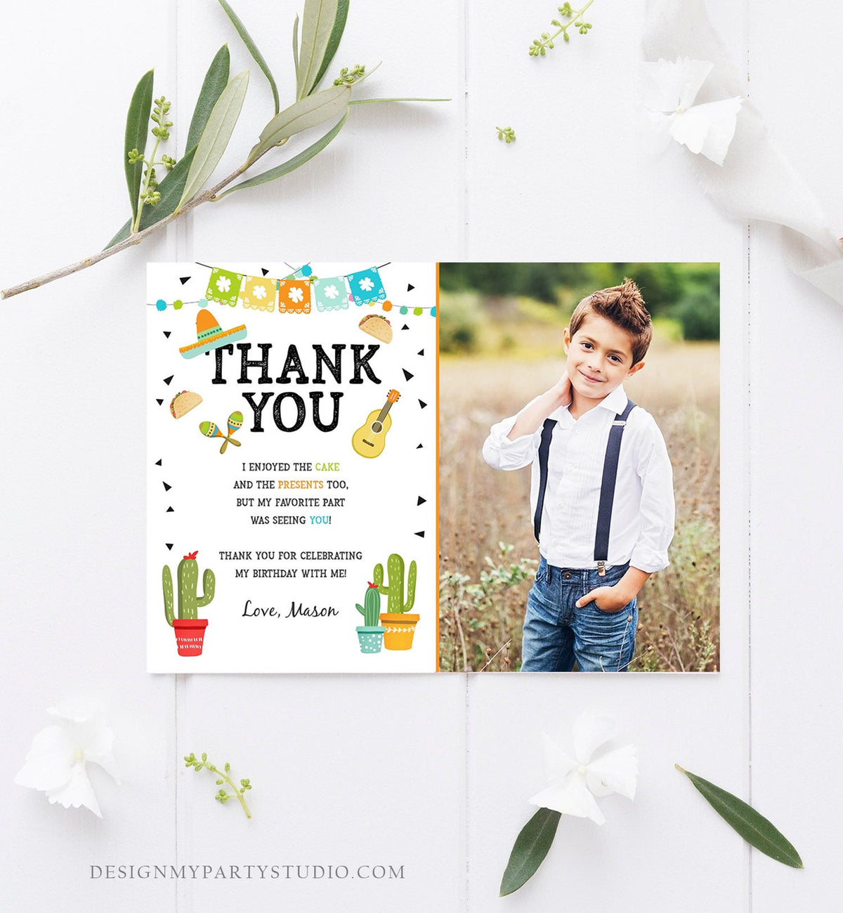 Editable Taco Fiesta Thank You Card Birthday Party Baby Bridal Shower Cactus Succulent Mexican Green Boy Corjl Template Printable 0161