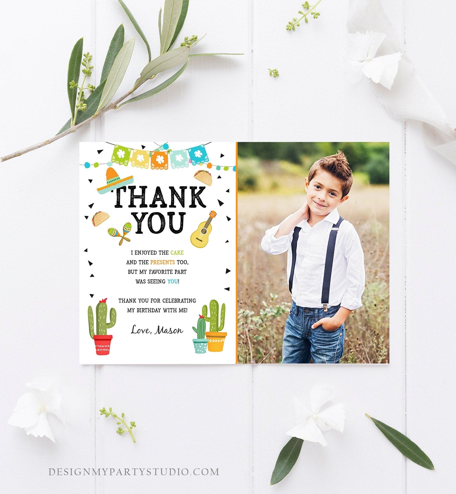 Editable Taco Fiesta Thank You Card Birthday Party Baby Bridal Shower Cactus Succulent Mexican Green Boy Corjl Template Printable 0161
