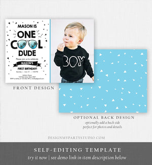 Editable One Cool Dude 1st Birthday Invitation Boy First Birthday Party Sunglasses Palm Tropical Pool Cool One Printable Corjl Template 0136