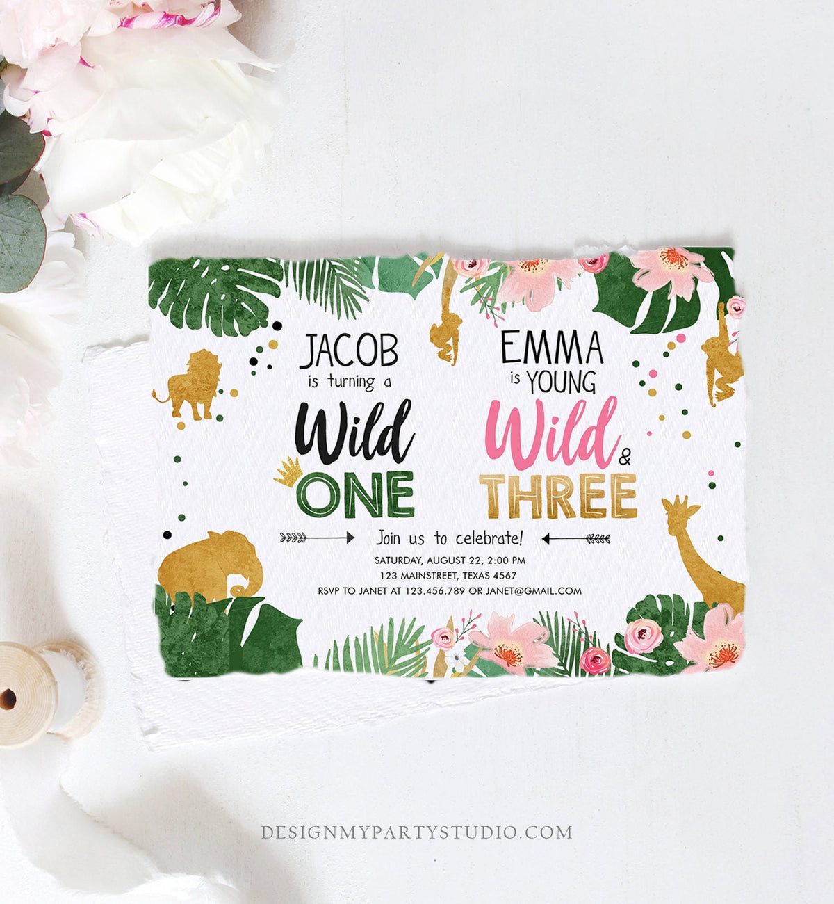 Editable Wild One Birthday Invitation Wild and Three Boy Girl Safari Animals Jungle Gold Joint Dual Combined Corjl Template Printable 0016