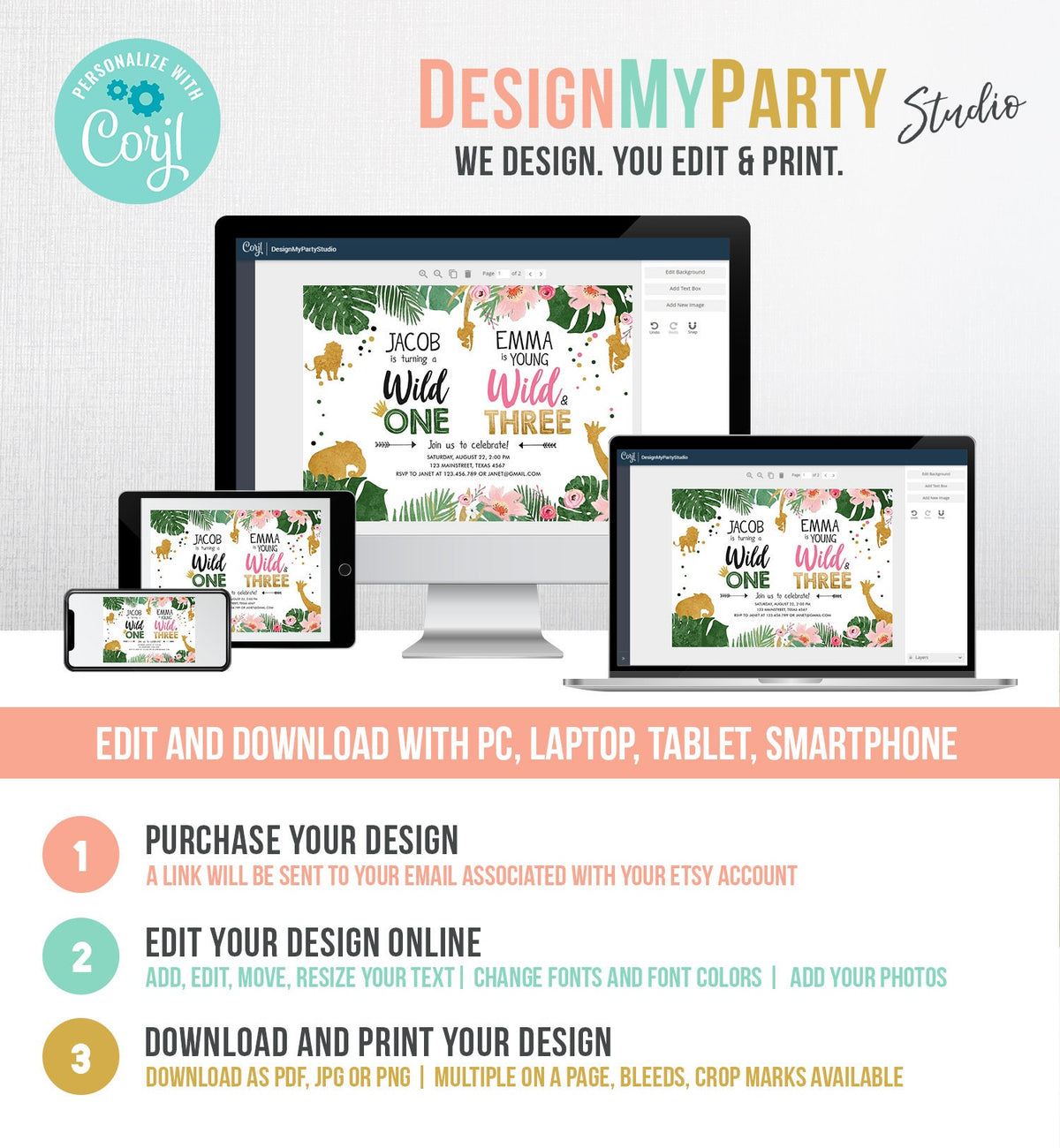 Editable Wild One Birthday Invitation Wild and Three Boy Girl Safari Animals Jungle Gold Joint Dual Combined Corjl Template Printable 0016