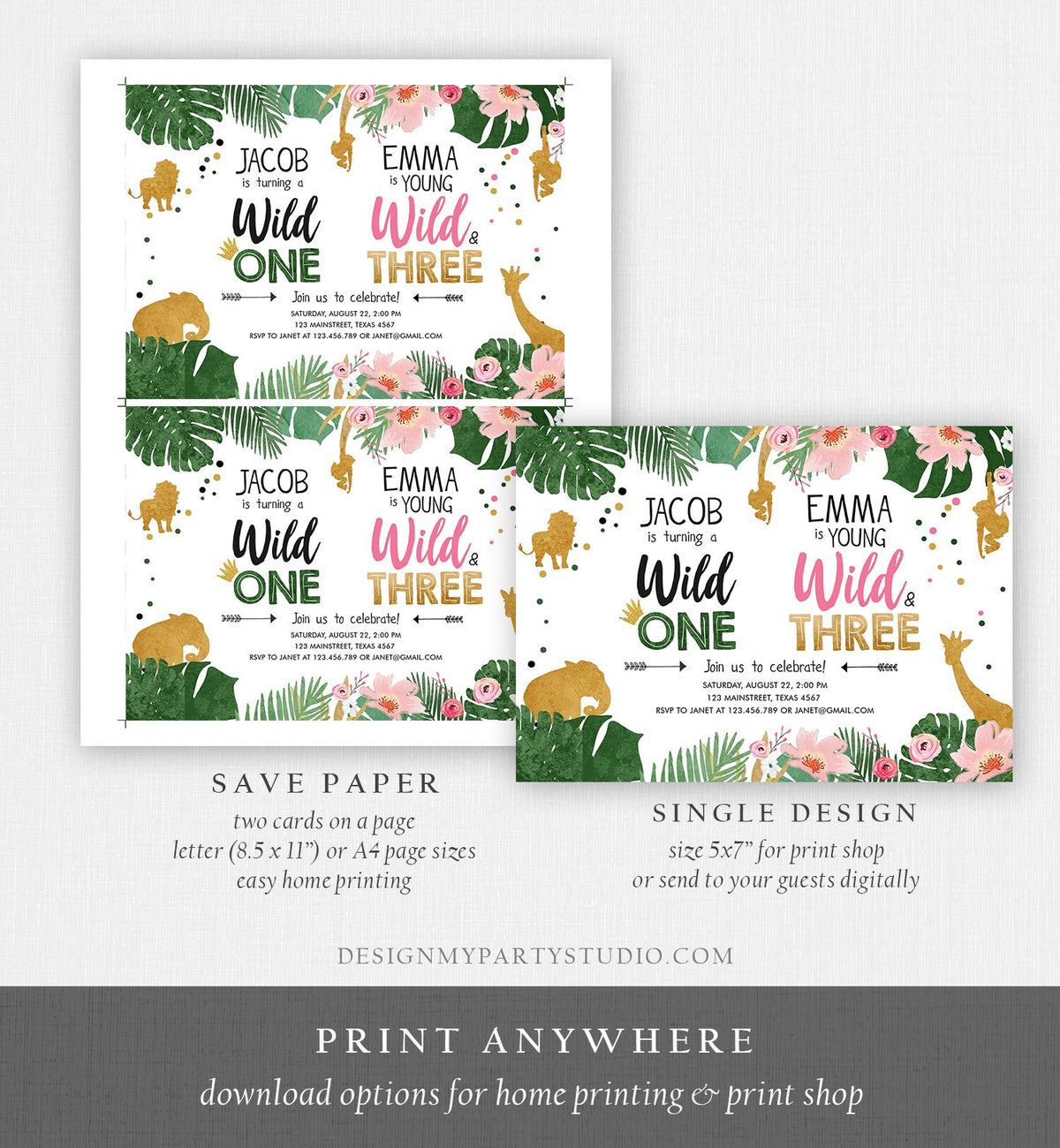 Editable Wild One Birthday Invitation Wild and Three Boy Girl Safari Animals Jungle Gold Joint Dual Combined Corjl Template Printable 0016