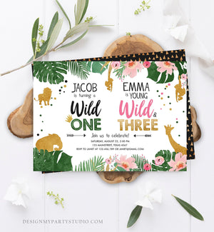 Editable Wild One Birthday Invitation Wild and Three Boy Girl Safari Animals Jungle Gold Joint Dual Combined Corjl Template Printable 0016