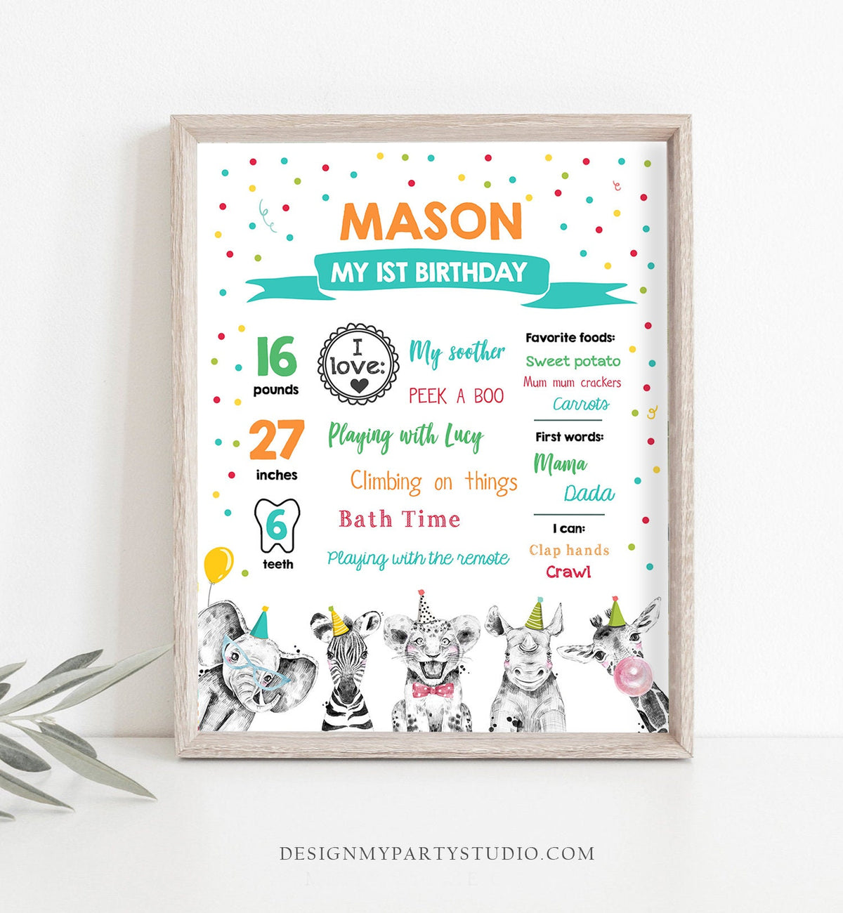 Editable Party Animals Birthday Milestones Sign Boy Green Blue First Birthday 1st Safari Animals Wild Zoo Digital Template Printable 0390