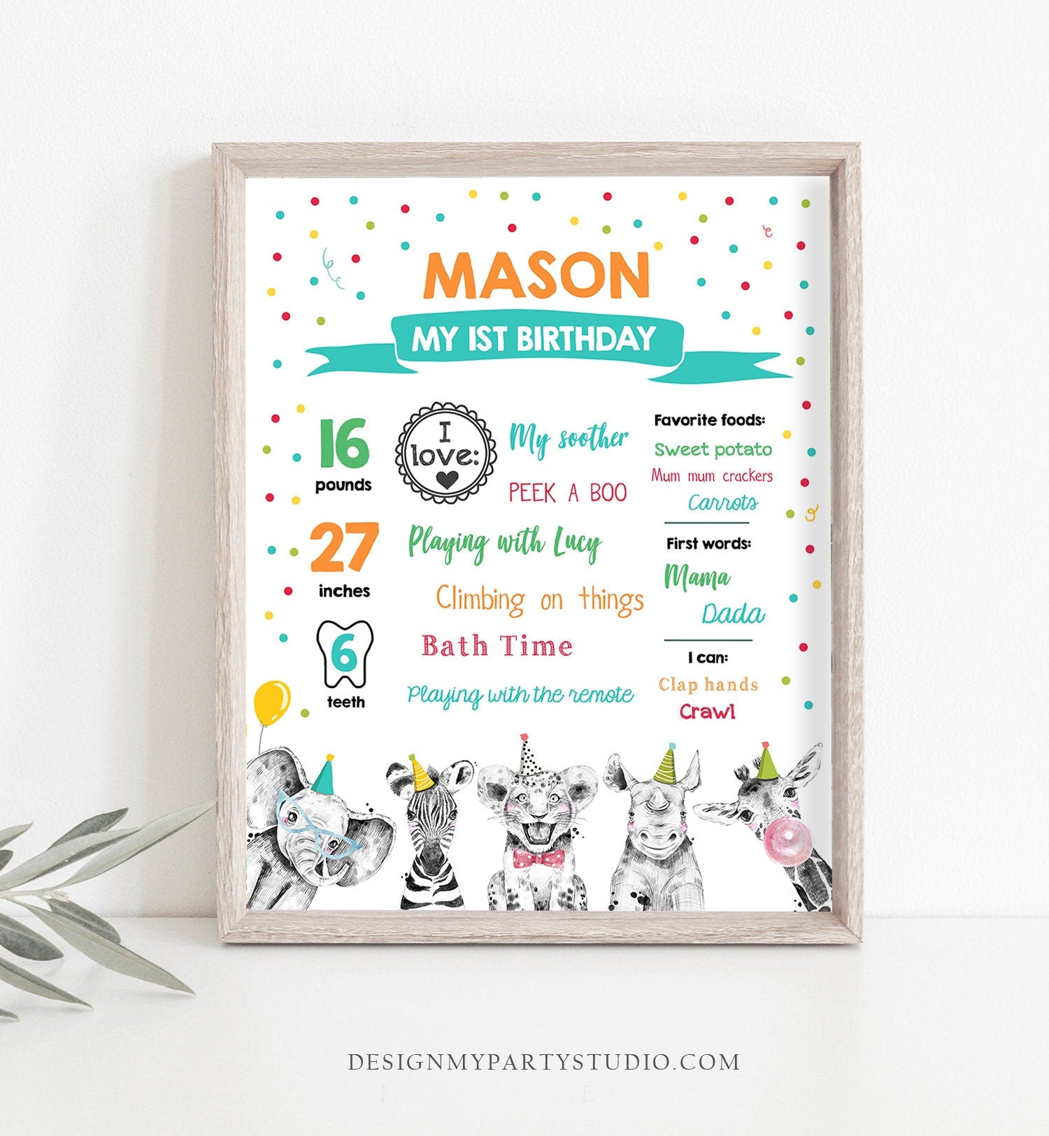 Editable Party Animals Birthday Milestones Sign Boy Green Blue First Birthday 1st Safari Animals Wild Zoo Digital Template Printable 0390