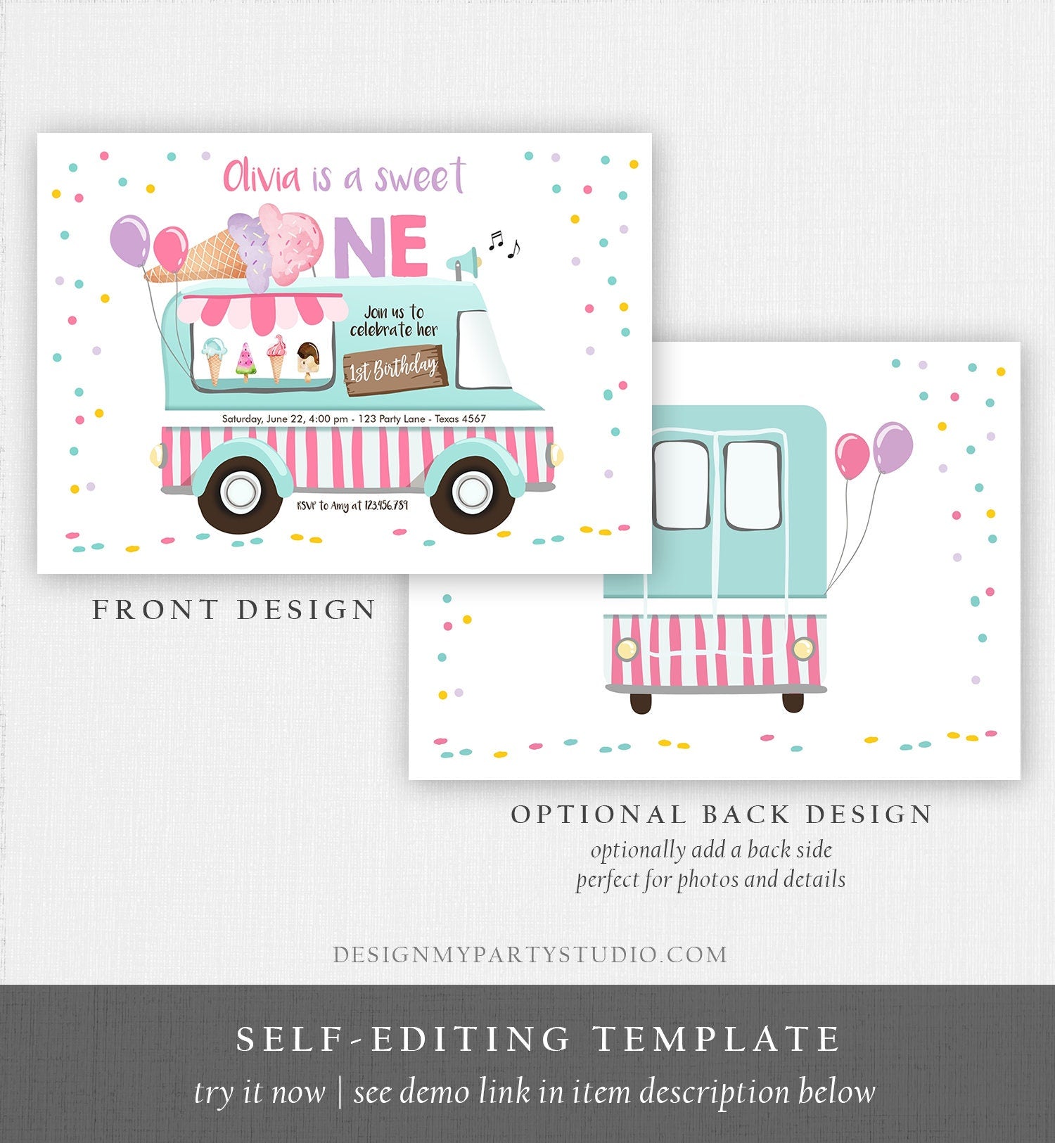 Editable Ice Cream Truck Birthday Invitation Ice Cream Sweet One 1st Birthday Party Cone Pink Mint Purple Printable Template Corjl 0243