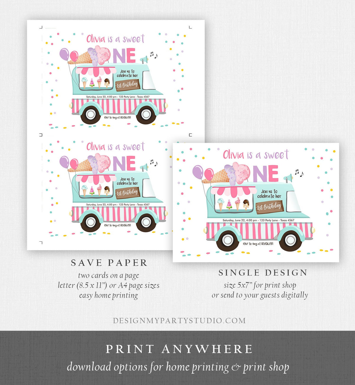 Editable Ice Cream Truck Birthday Invitation Ice Cream Sweet One 1st Birthday Party Cone Pink Mint Purple Printable Template Corjl 0243