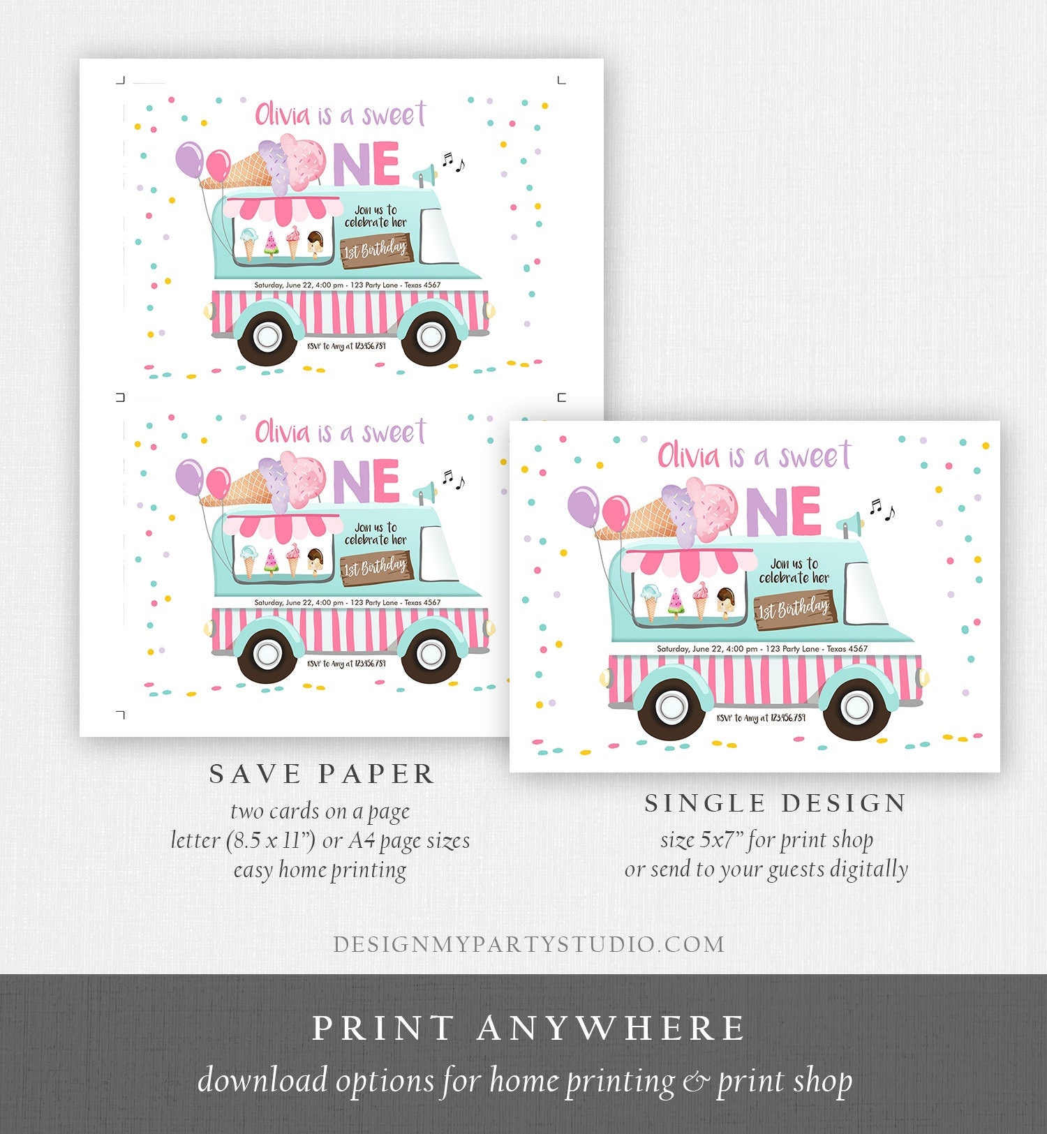 Editable Ice Cream Truck Birthday Invitation Ice Cream Sweet One 1st Birthday Party Cone Pink Mint Purple Printable Template Corjl 0243