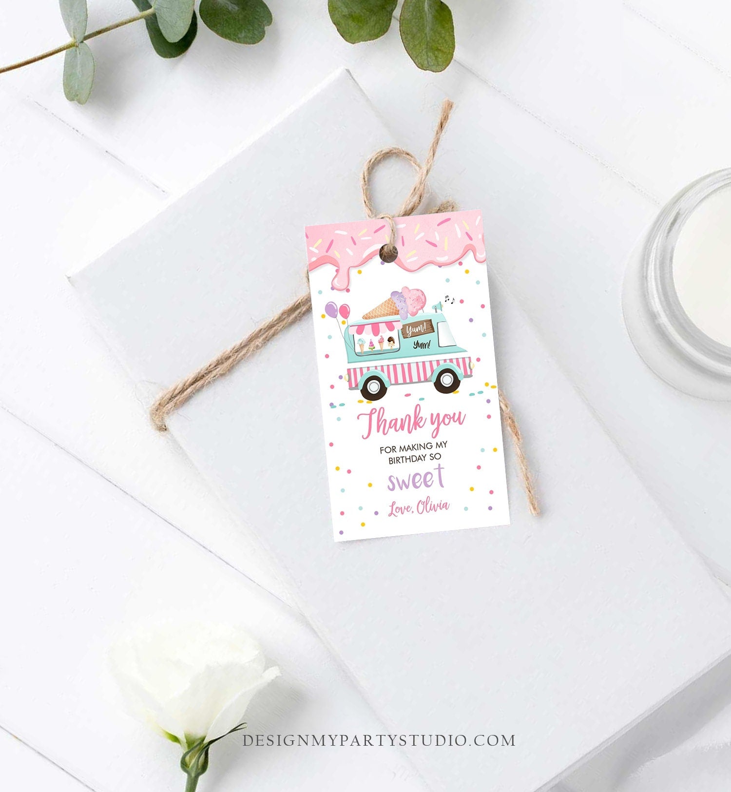 Editable Ice Cream Truck Favor Thank You Tags Ice Cream Birthday Party Girl Pink Purple Gift Goodie Bag Labels Corjl Template PRINTABLE 0243