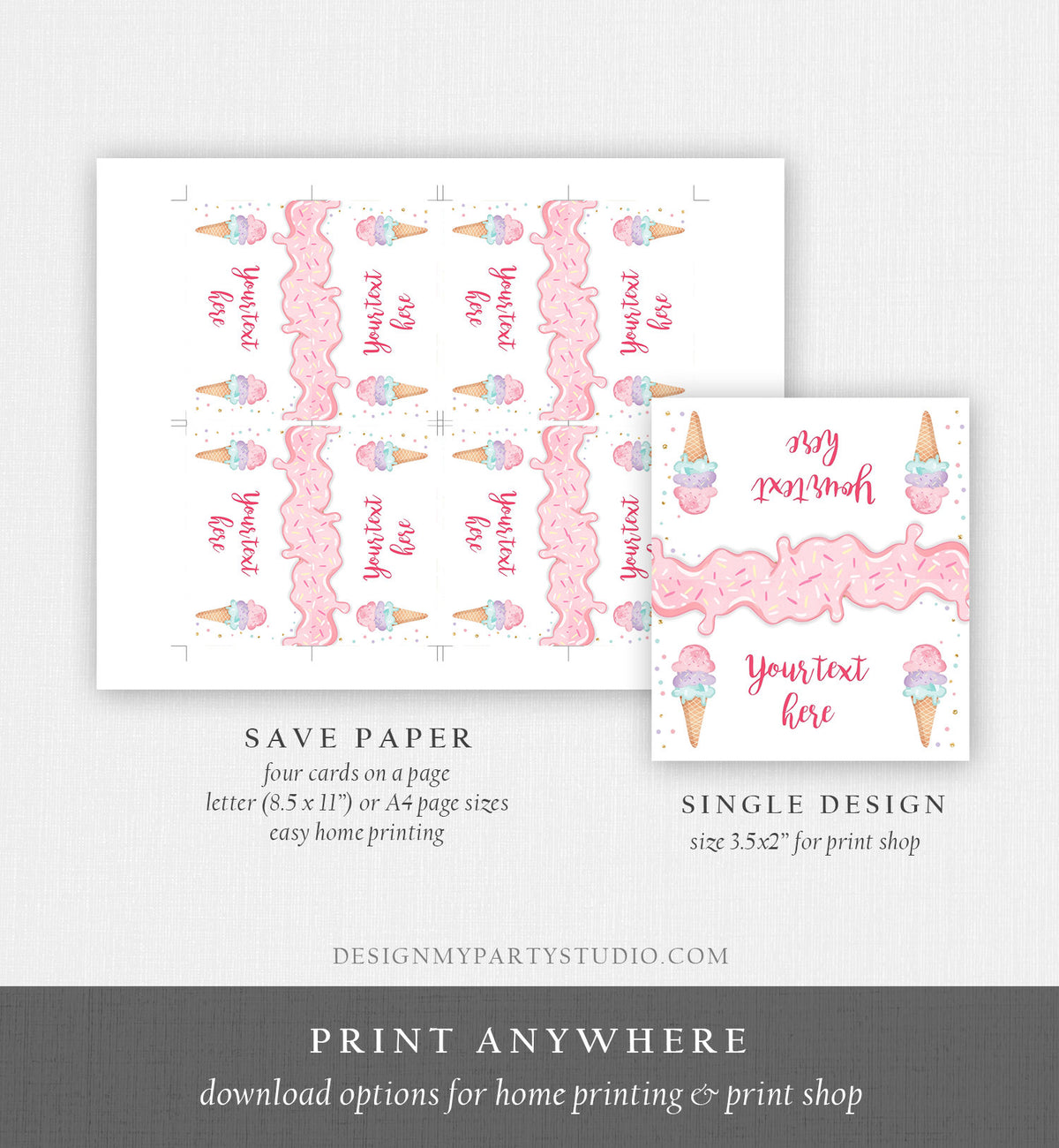 Editable Ice Cream Food Label Ice Cream Birthday Food Cards Tent Card Girl Pink Gold the Scoop Buffet Label Tent Card Template Corjl 0243