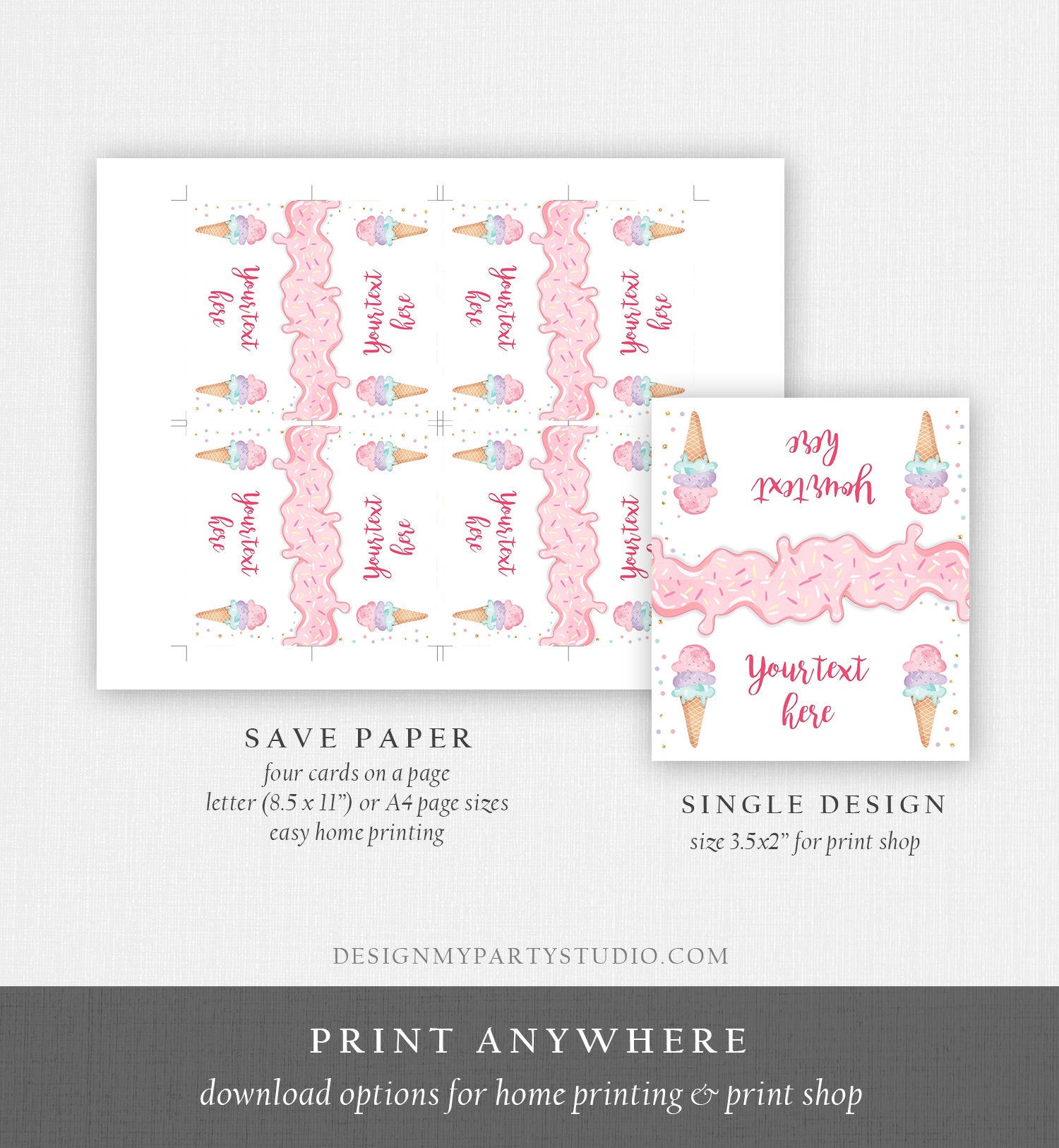 Editable Ice Cream Food Label Ice Cream Birthday Food Cards Tent Card Girl Pink Gold the Scoop Buffet Label Tent Card Template Corjl 0243