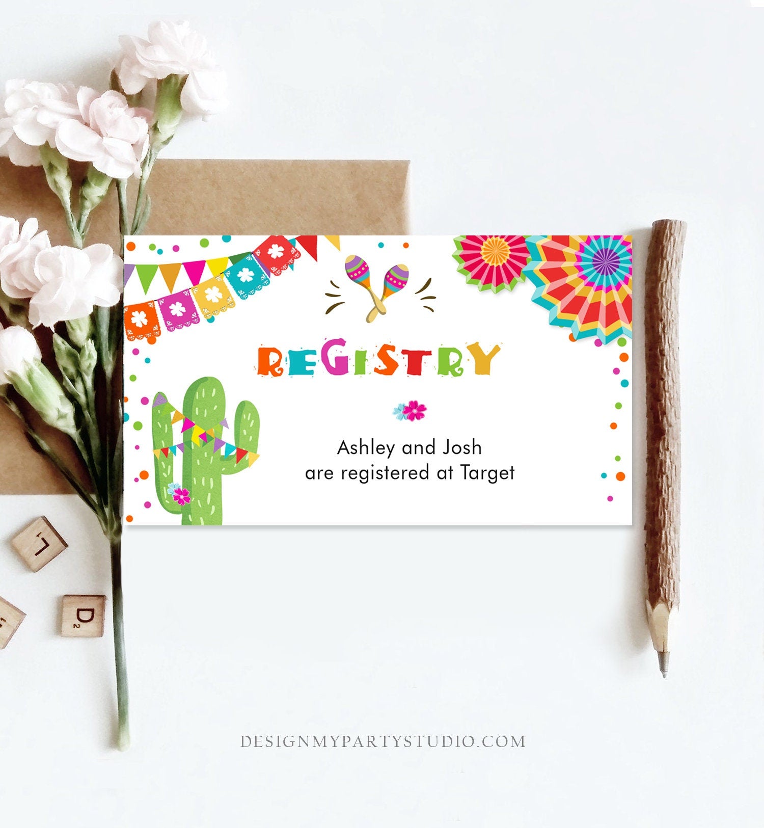 Editable Fiesta Insert Card Registry Card Enclosure Baby Bridal Shower Birthday Cactus Mexican Succulent Digital Template Printable 0045