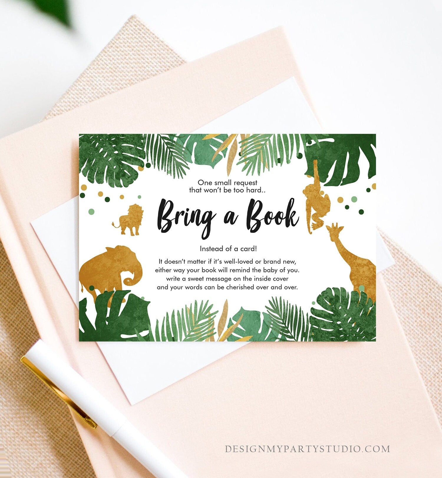 Editable Safari Animals Bring a Book Card Baby Shower Books for Baby Insert Wild One Boy Green Gold Jungle Zoo Corjl Template Printable 0016