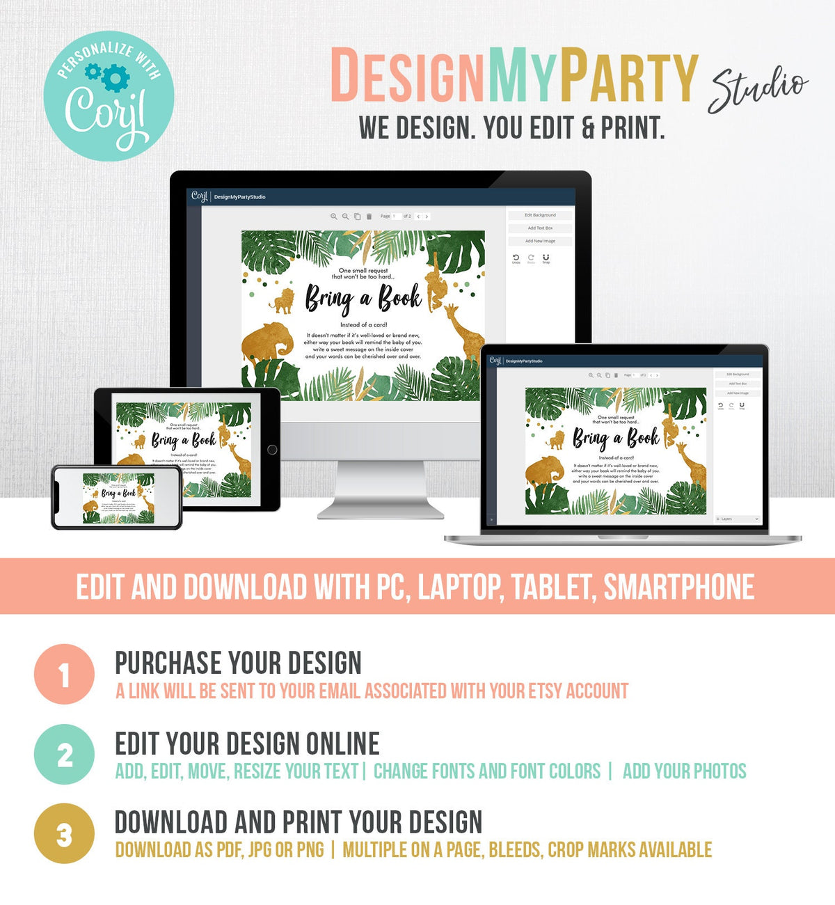 Editable Safari Animals Bring a Book Card Baby Shower Books for Baby Insert Wild One Boy Green Gold Jungle Zoo Corjl Template Printable 0016